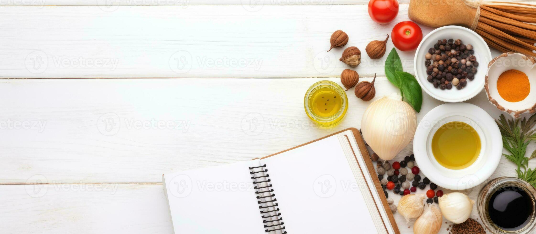 An open recipe book alongside various ingredients is placed on a white wooden table in a flat lay photo
