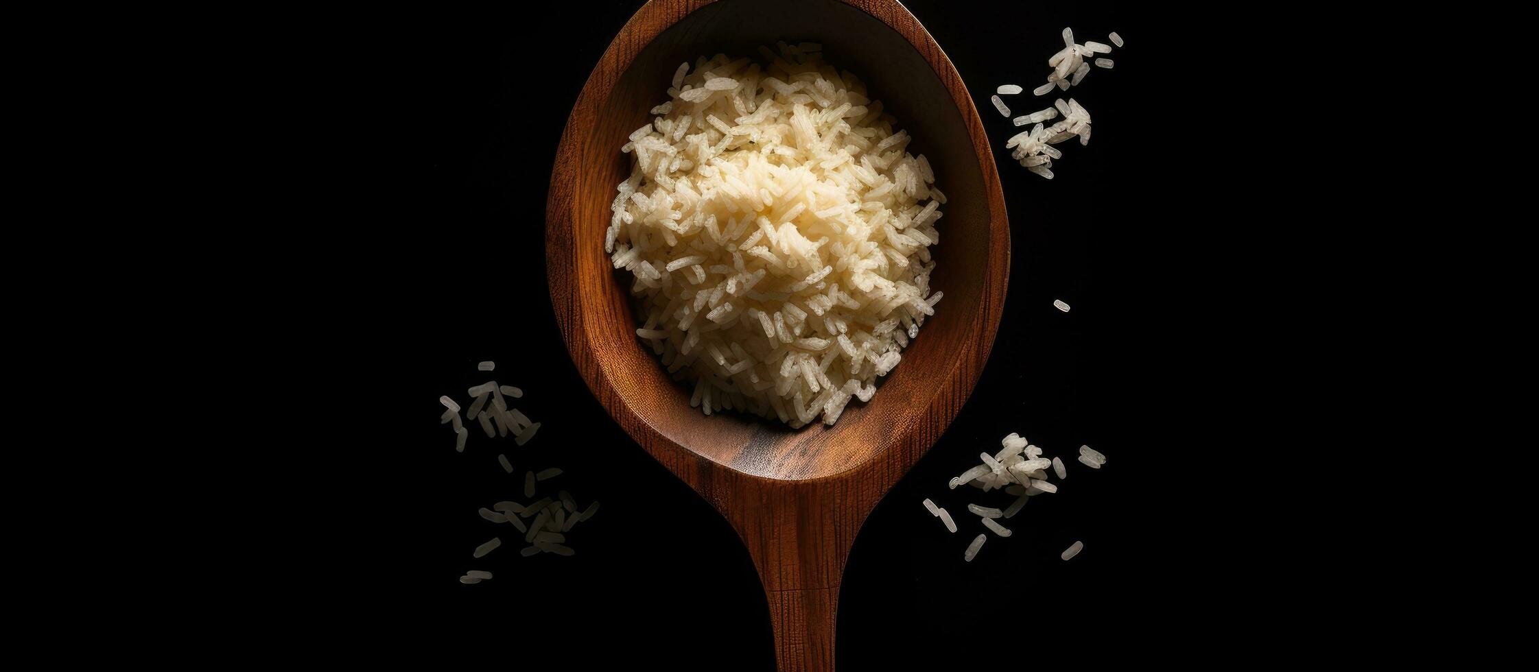 uncooked Surti Kolam rice with a wooden spoon on a black background. There is empty space for text photo