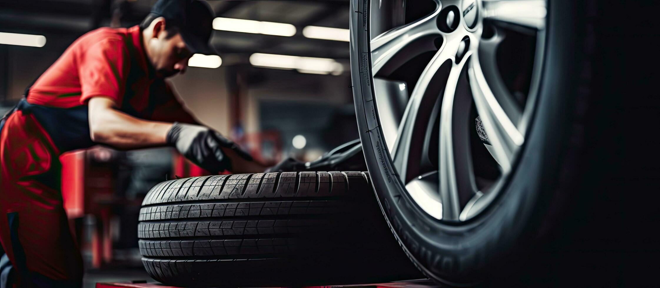 Mechanic replacing a tire with a blank space for text in a repair service center. The background photo