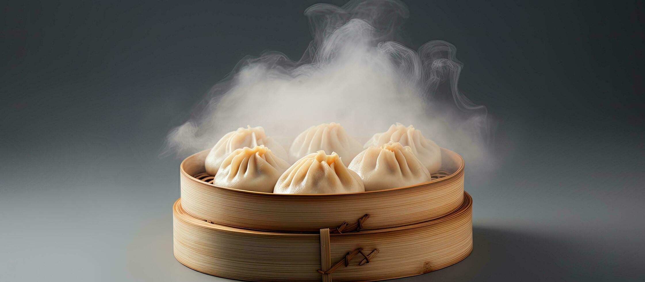 Korean street food called Pyanse Steamed Bun in a Bamboo Steamer, as seen from above with a gray photo