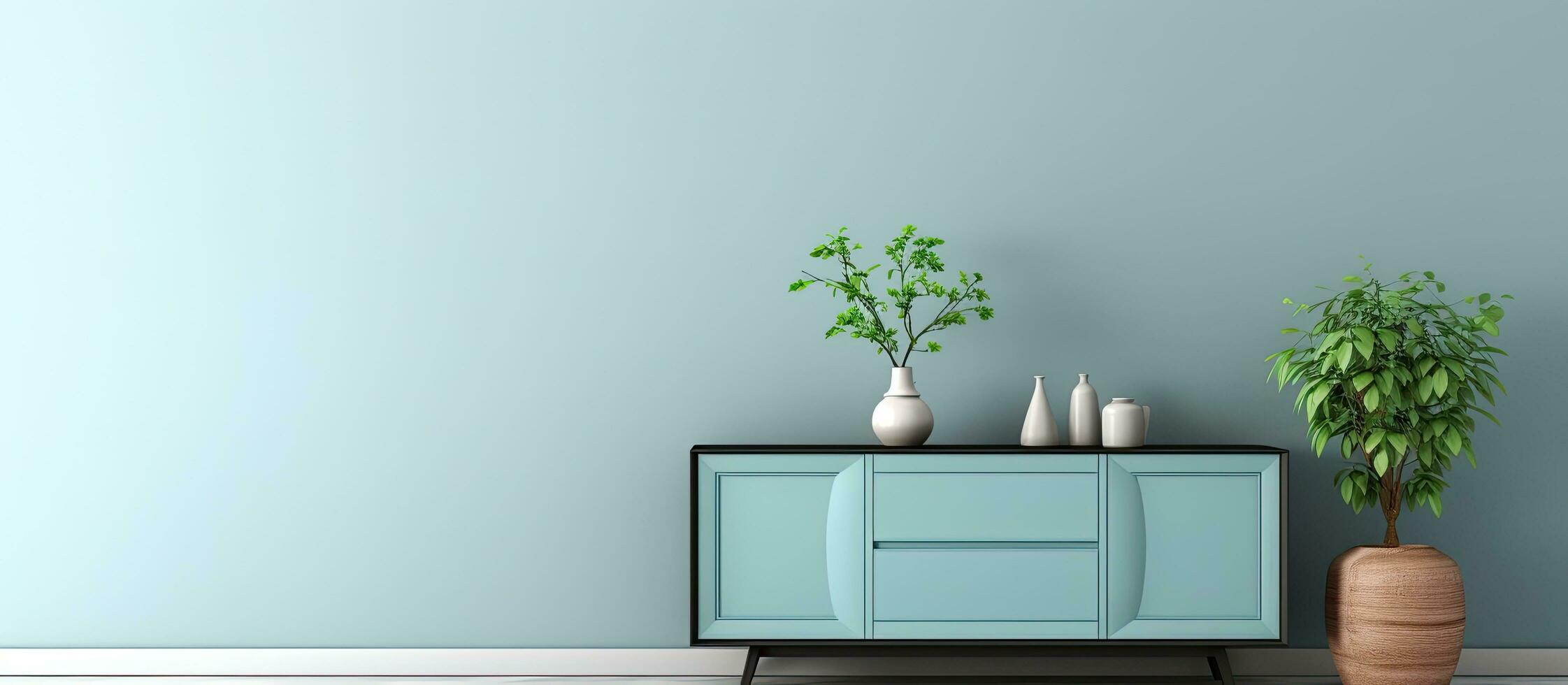 A minimalist and elegant space with plenty of room for personalization. It features a blue commode, photo