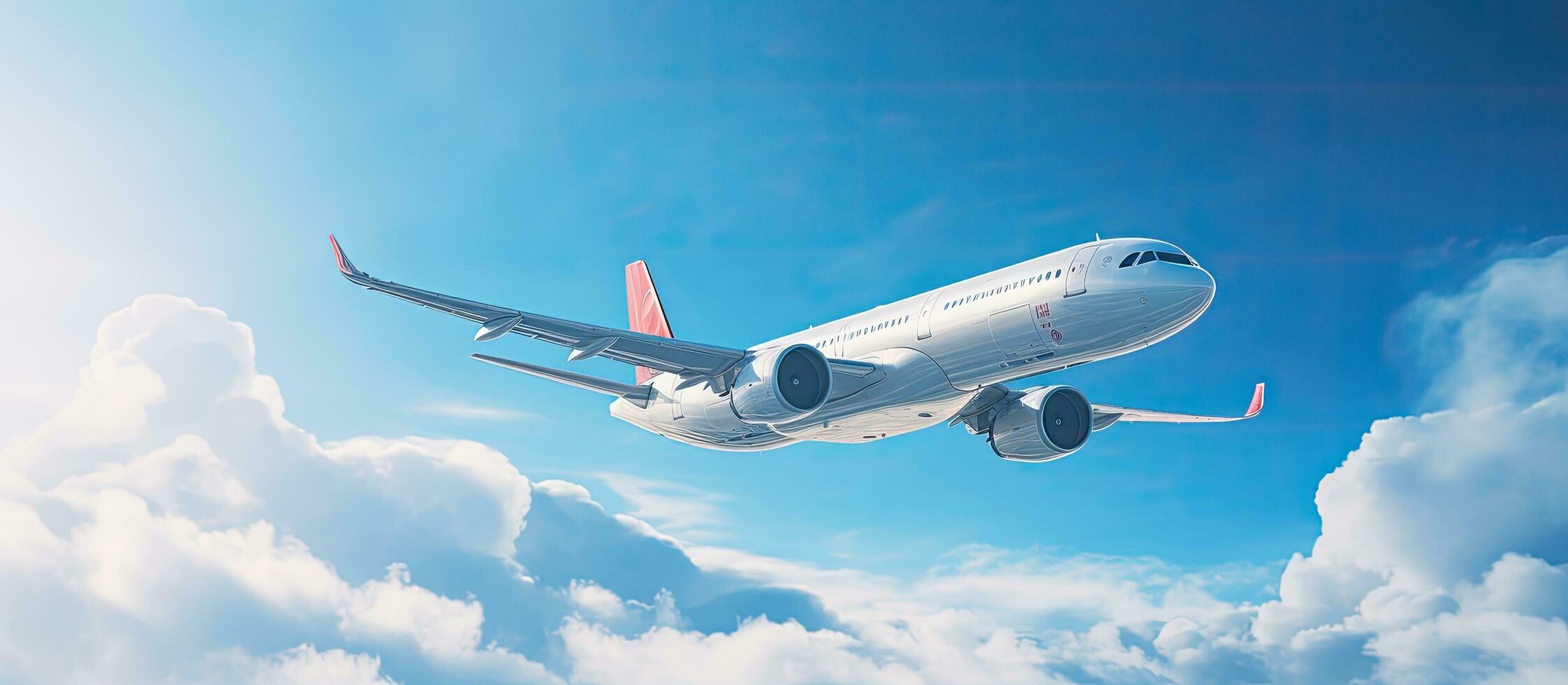 A passenger plane is seen from below on a blue sky background with copy space. The airplane is photo