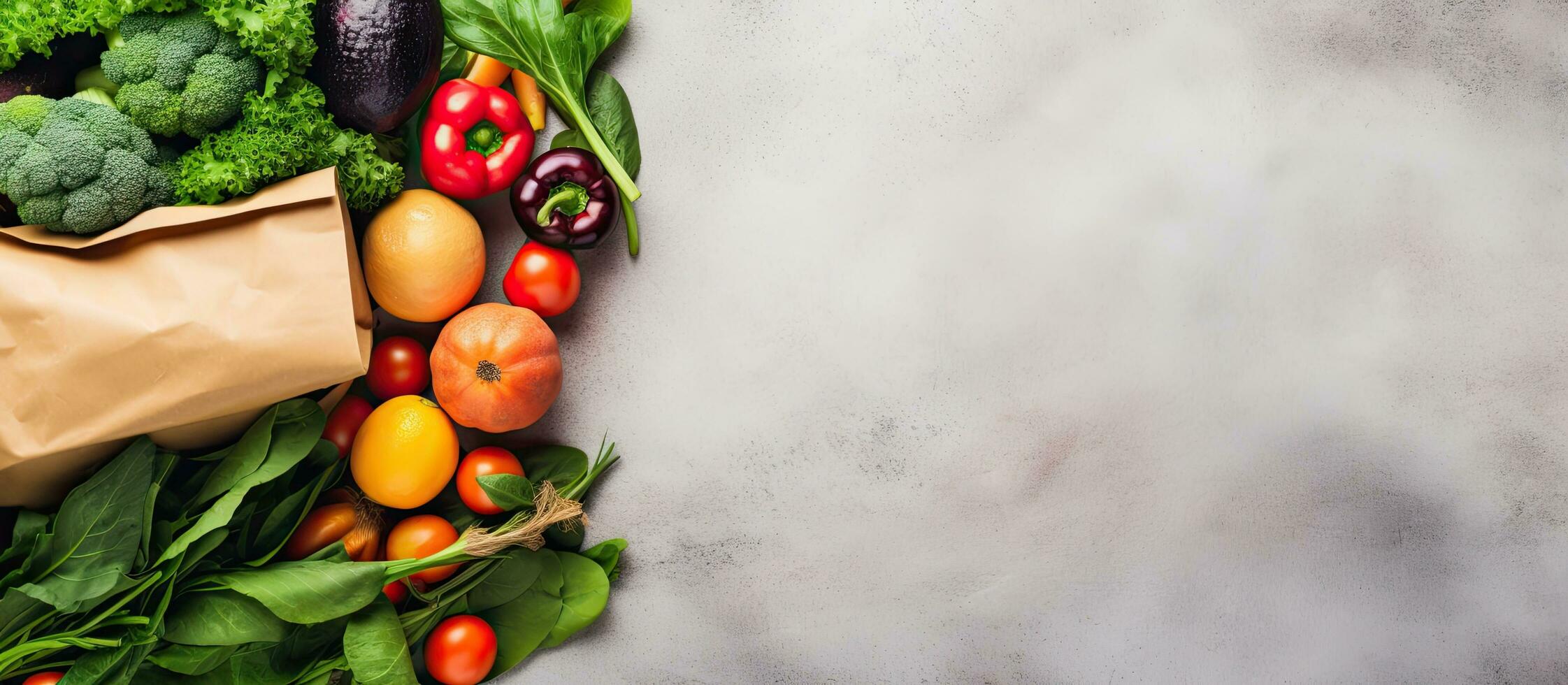 Fresh vegetables, fruits, greens, herbs, bread, and sausage laid out on an eco-friendly bag over photo