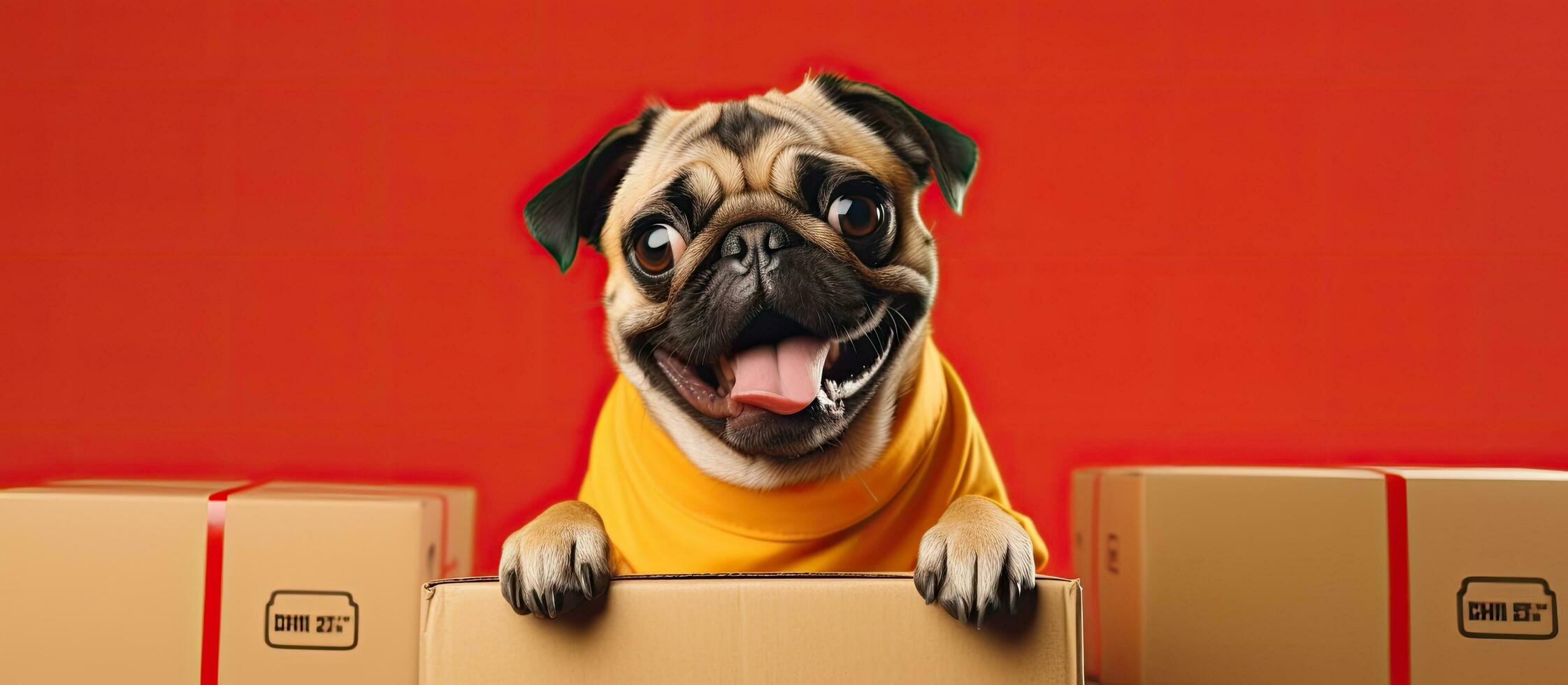 this advertising is about a happy pug dog with delivery boxes, and it is related to a delivery photo