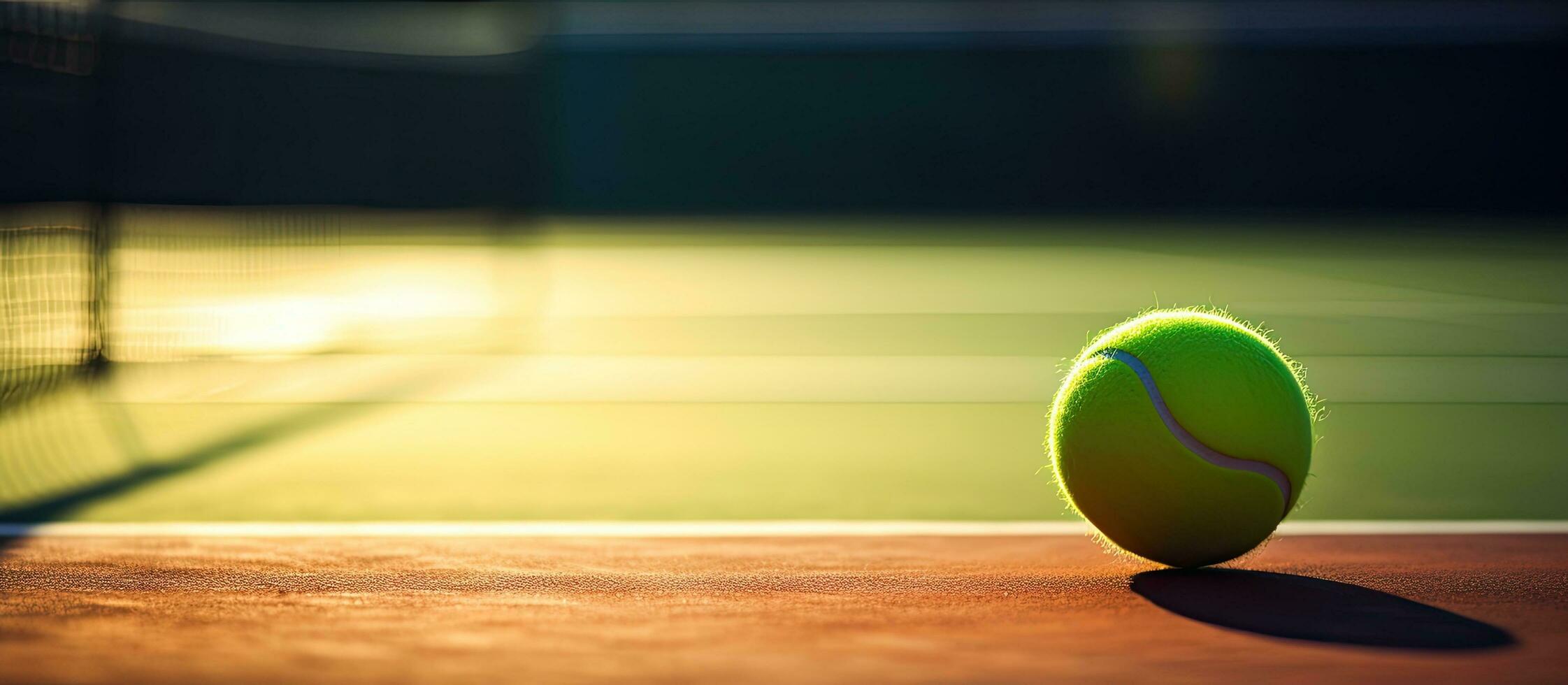A close-up image of a tennis ball and racket lying on a sunny tennis court, with copy space available photo