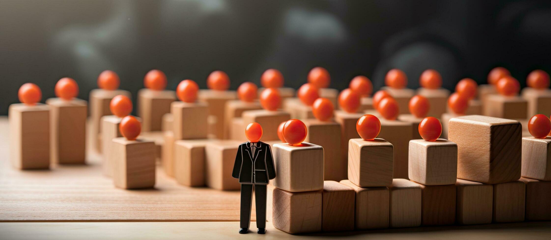 An employee stands out from their colleagues on wooden cubes, symbolizing a promotion at work, photo