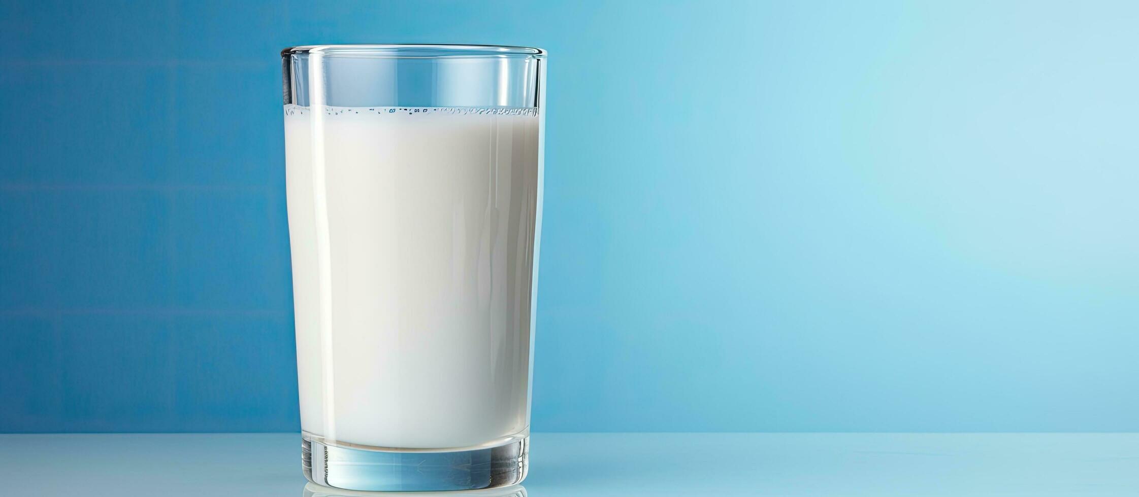 un de cerca foto de un vaso lleno con blanco leche, metido en un azul antecedentes. es usado a representar