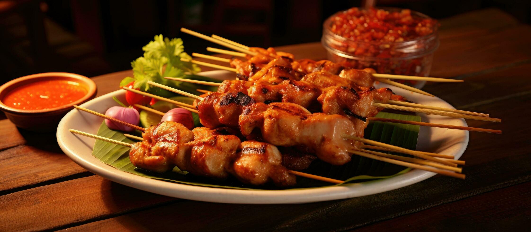 The well-known Thai street food dish includes pork, chicken, fish meatballs, and sausage skewered photo