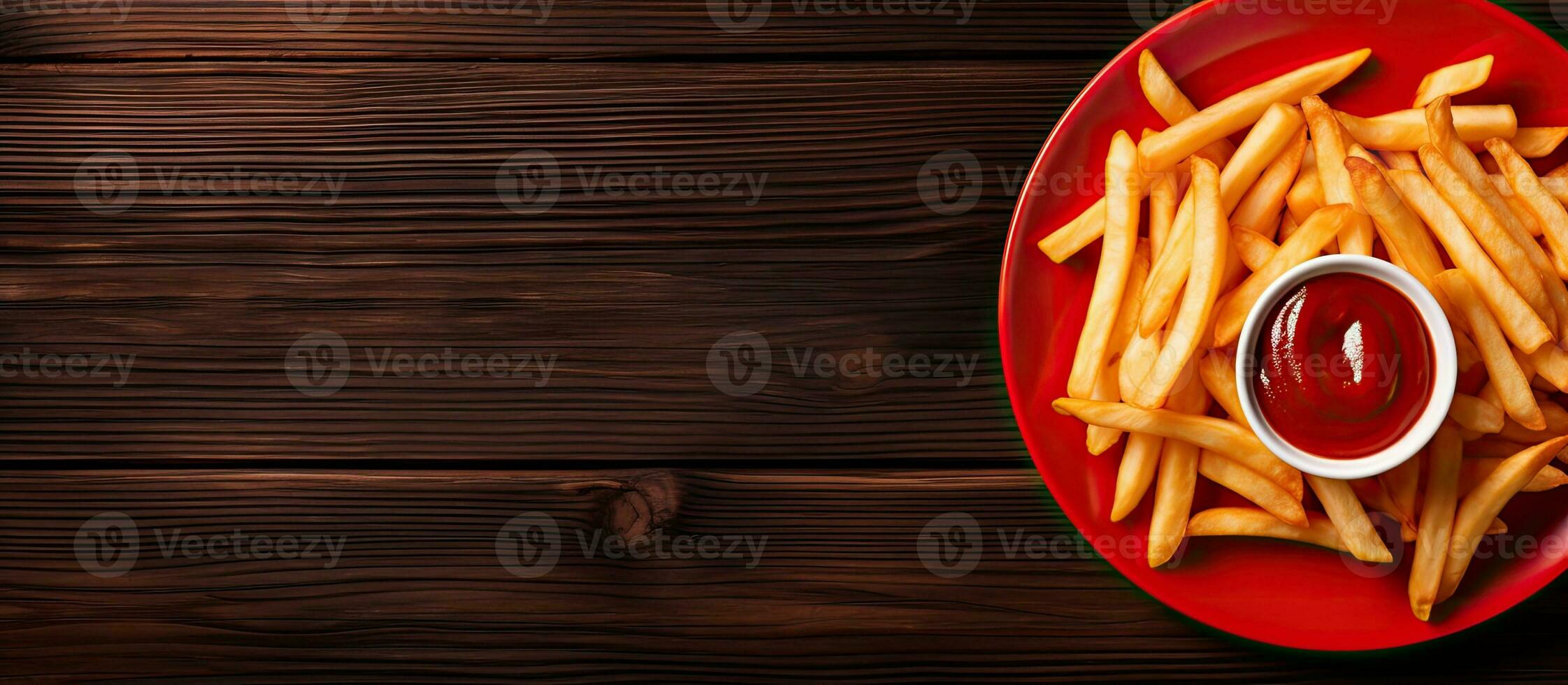 A plate with delicious golden French fries and ketchup is placed on a dark wooden background, seen photo