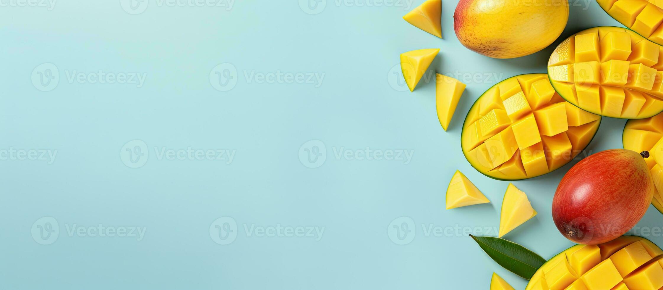 Fresh And Beautiful Mango Fruit With Sliced Diced Mango Chunks On A Light Blue Background, Copy photo