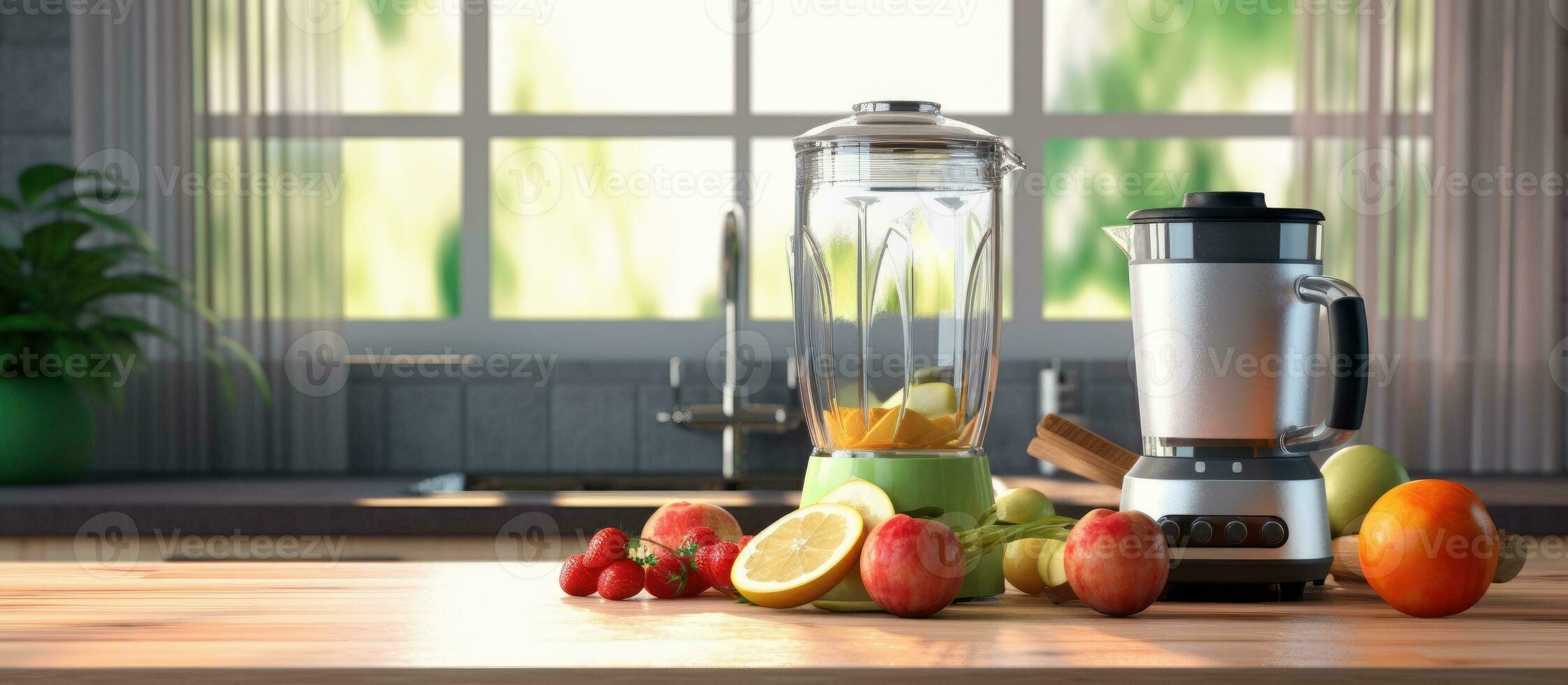 Background Image Of Chrome Blender On Kitchen Counter With Fruits, Copy Space ultrarealistic photo. photo