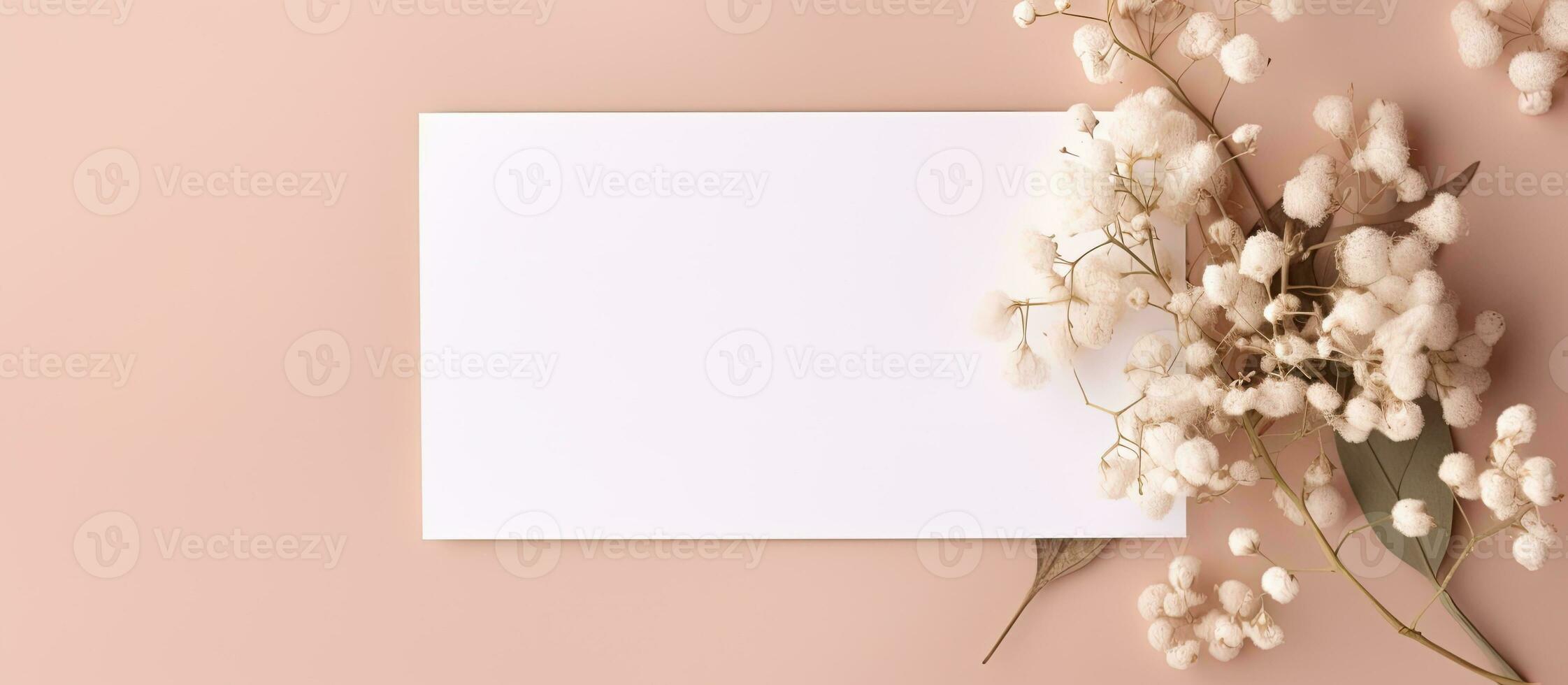 Blank wedding invitation card mockup featuring natural eucalyptus and white gypsophila plant twigs. photo