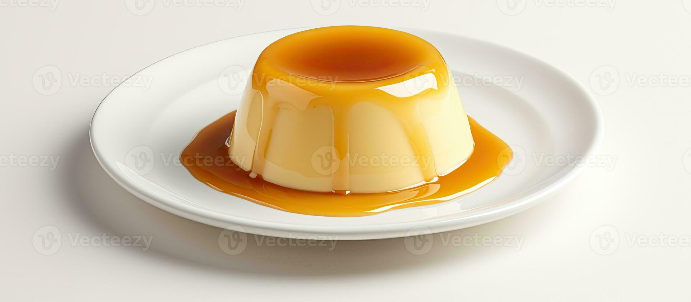 Delicious pudding made with condensed milk displayed on a white plate. Can be viewed from the top, photo