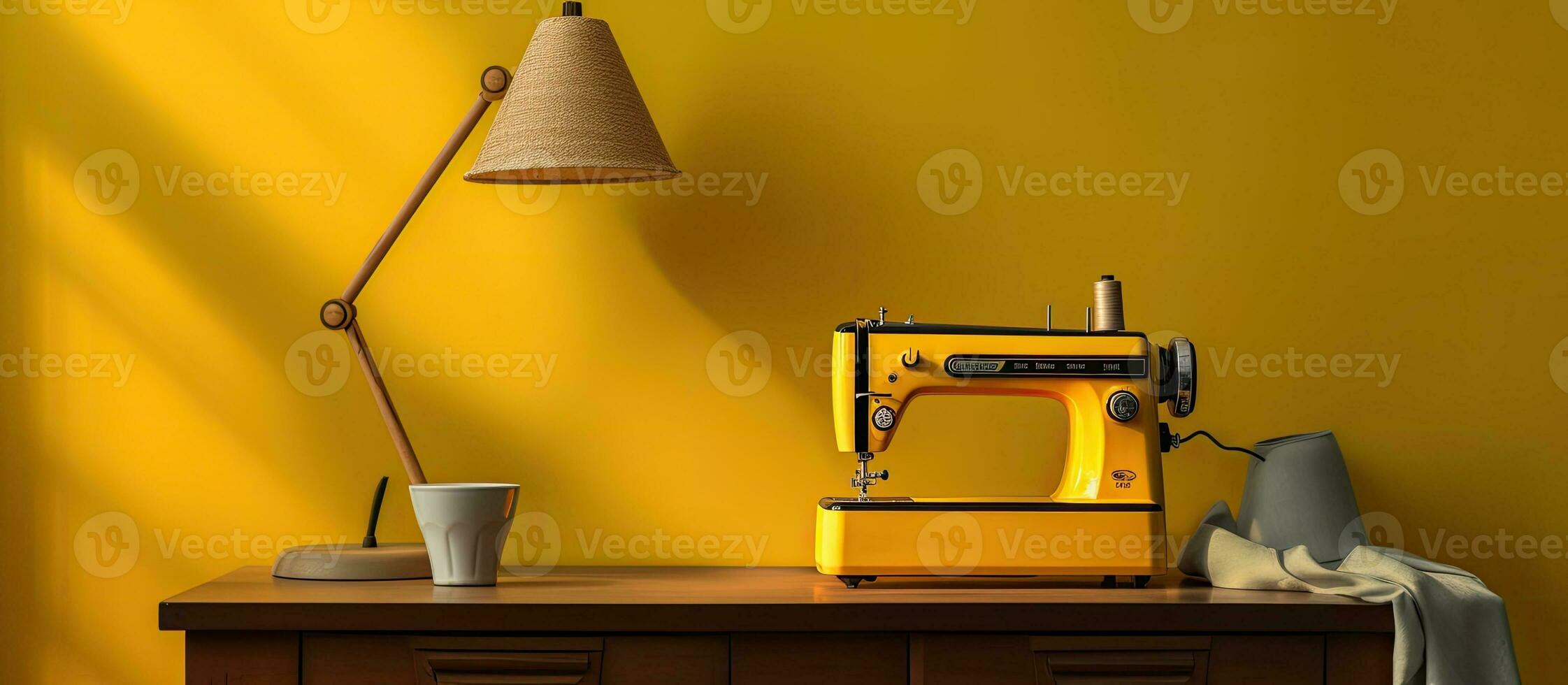 A sewing machine with threads and a lamp is placed on a table near a yellow wall photo