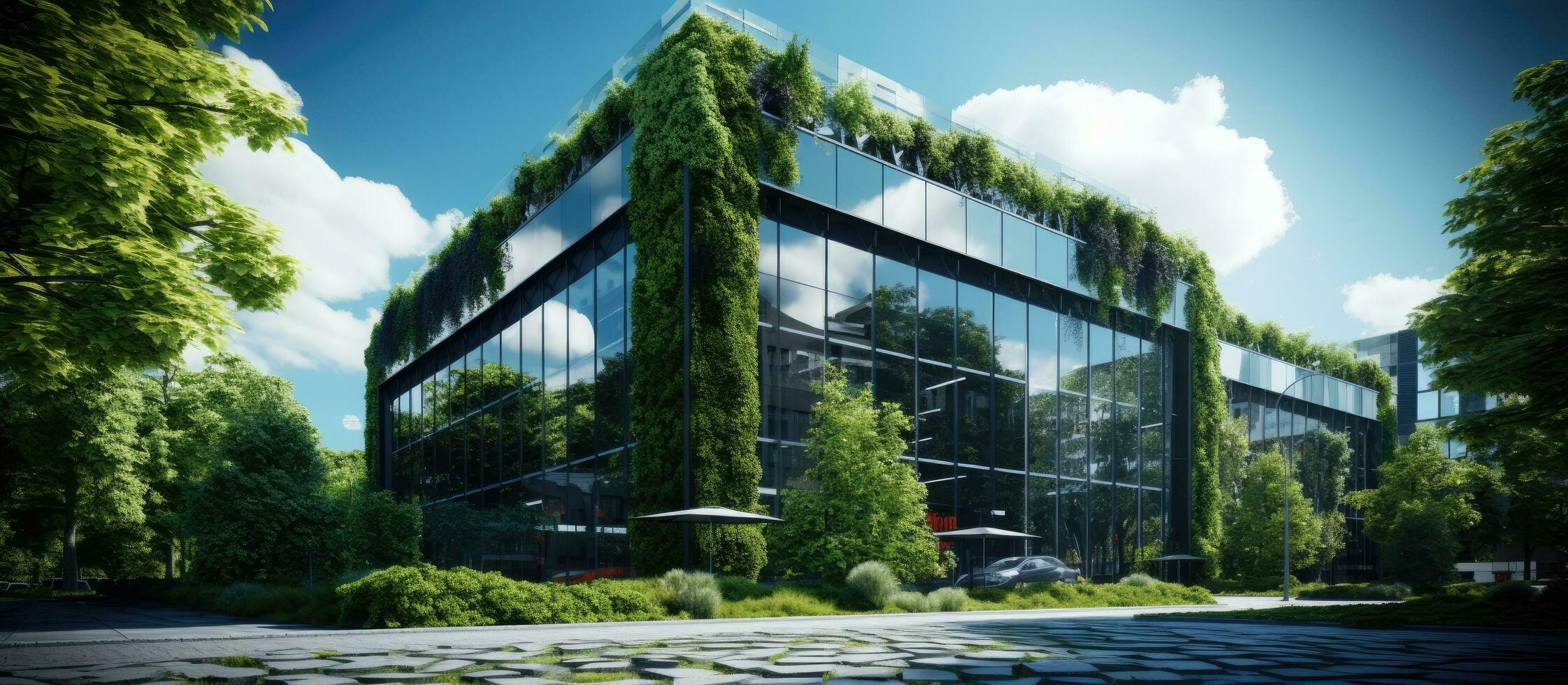 Modern office building with lush greenery photo