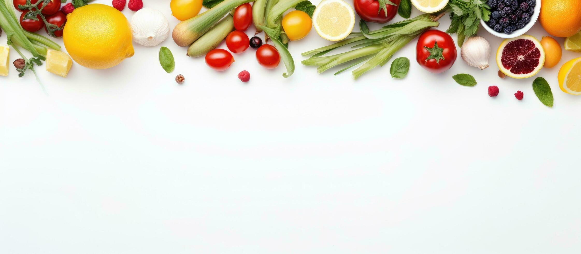 An unedited image from above showing a blank space surrounded by different types of fresh food photo