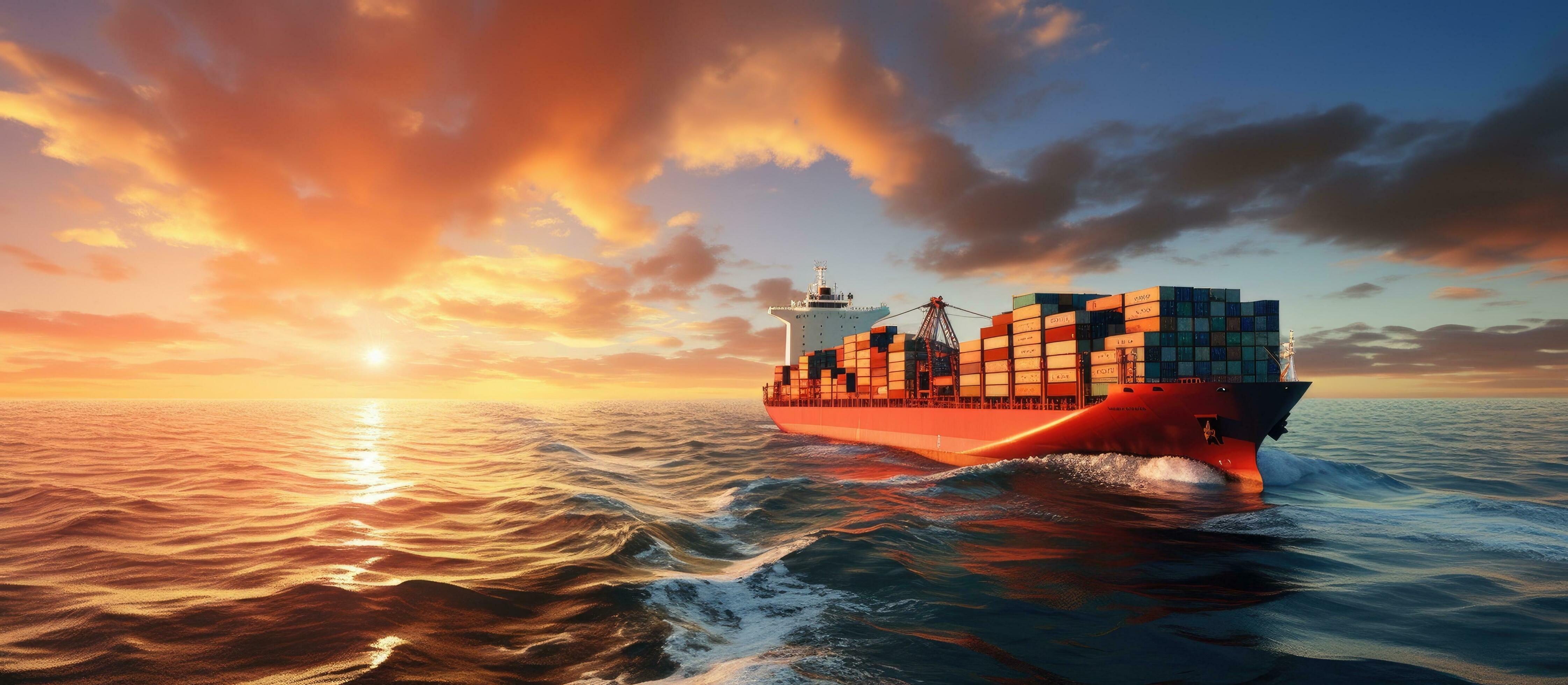 A shipping vessel filled with cargo is sailing in the ocean during a