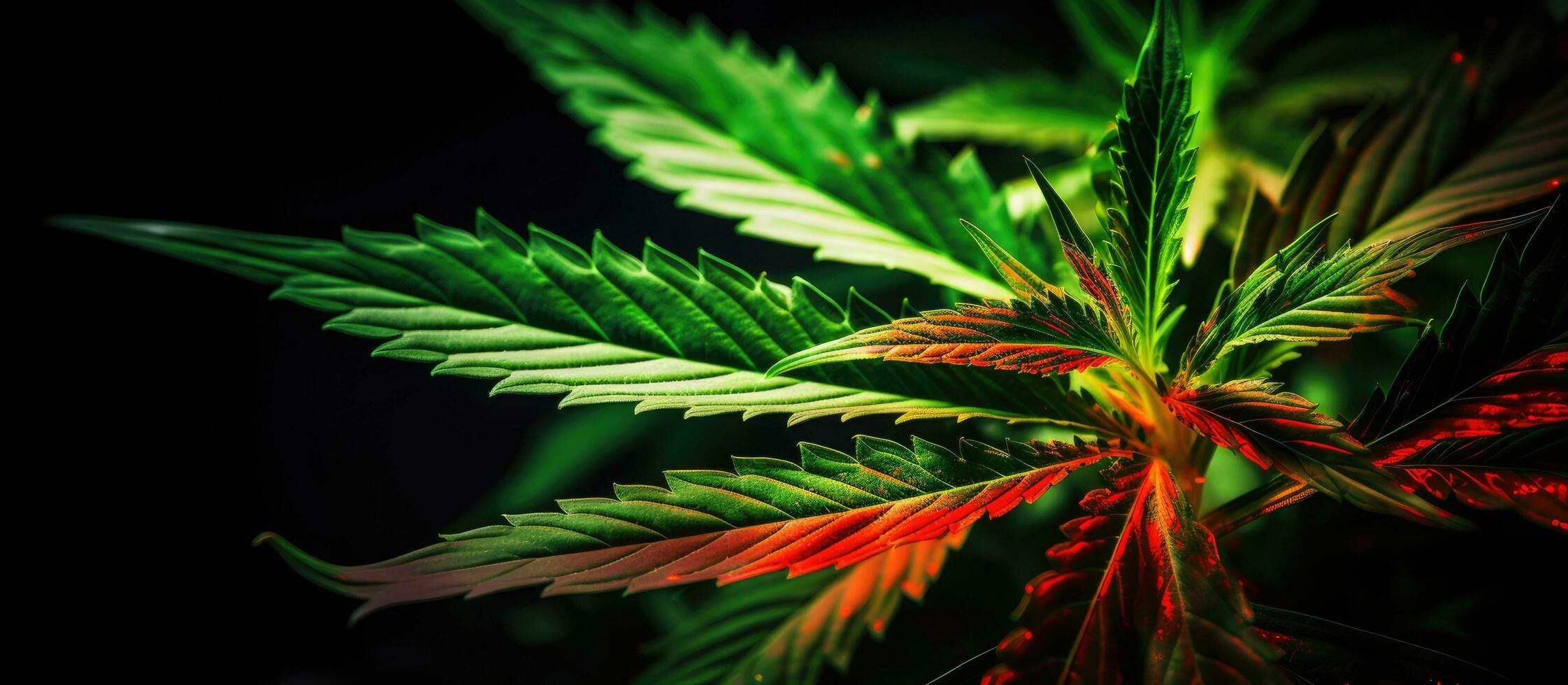 Close-up of a marijuana leaf on a black background with sunlight and a glowing effect. It is a photo