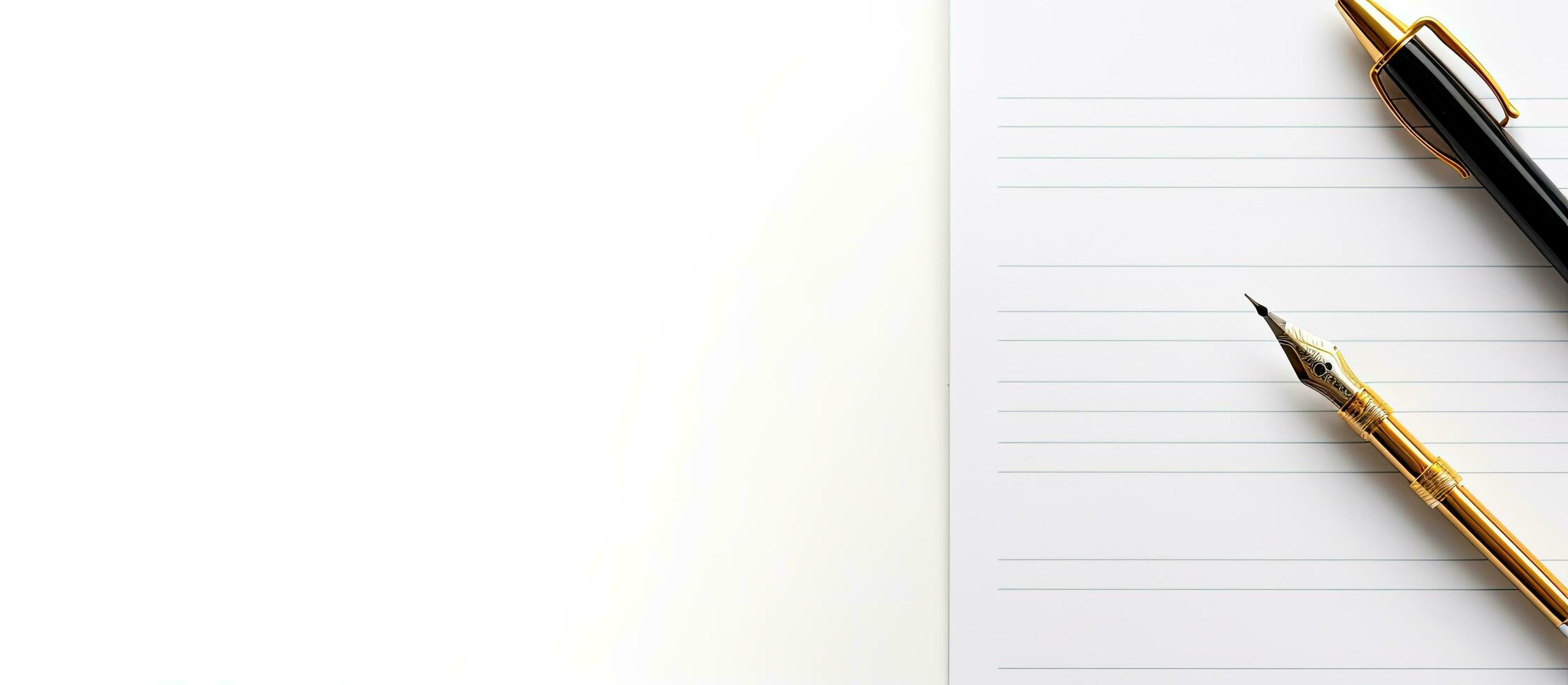 A top-down view of a fountain pen on a white paper with paper clips, with empty space for writing photo