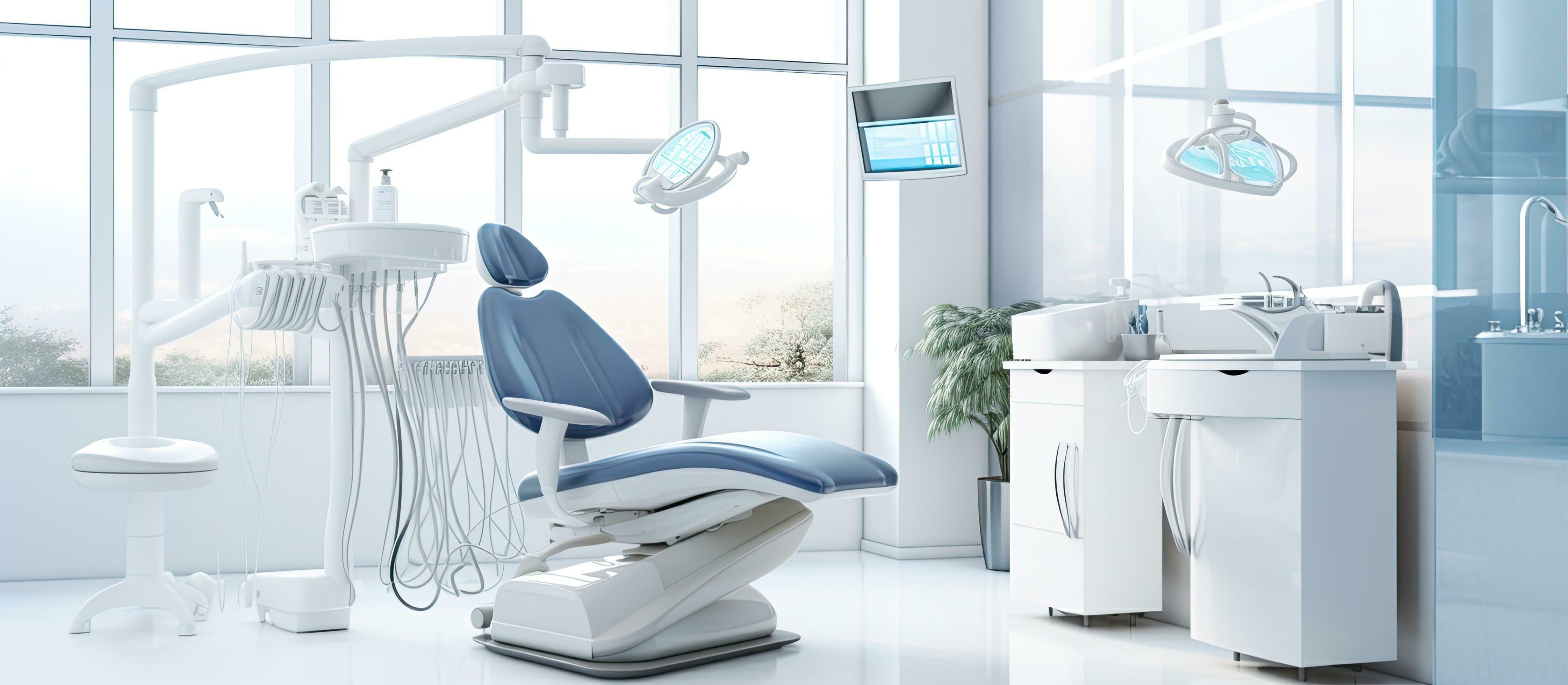 dental office with a dentist chair and equipment is shown with a