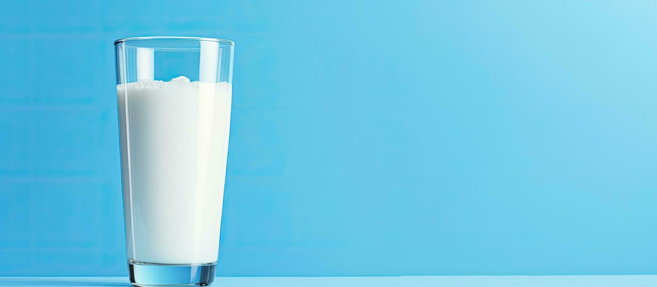 A close-up photo of a glass filled with white milk, placed on a blue background. is used to represent