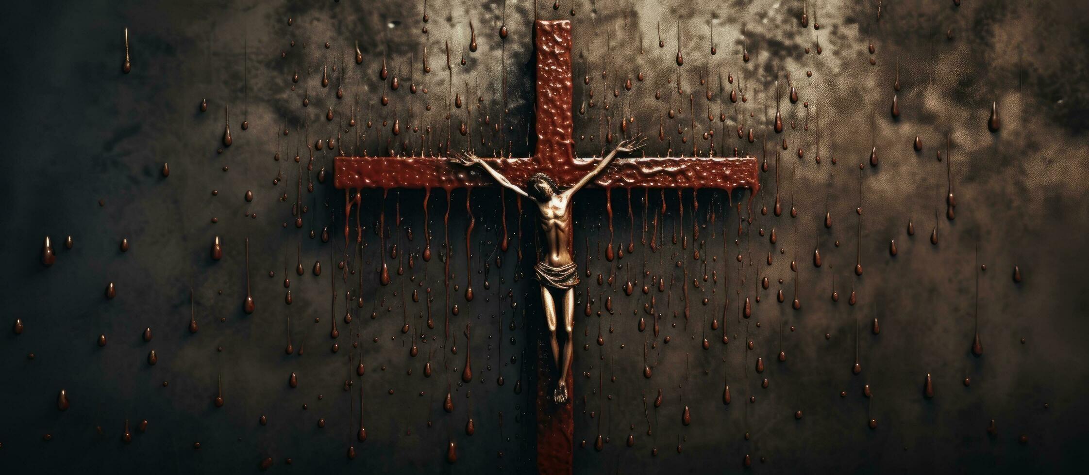 a Christian cross created using rusty nails, with drops of blood on a grey background. It is a photo