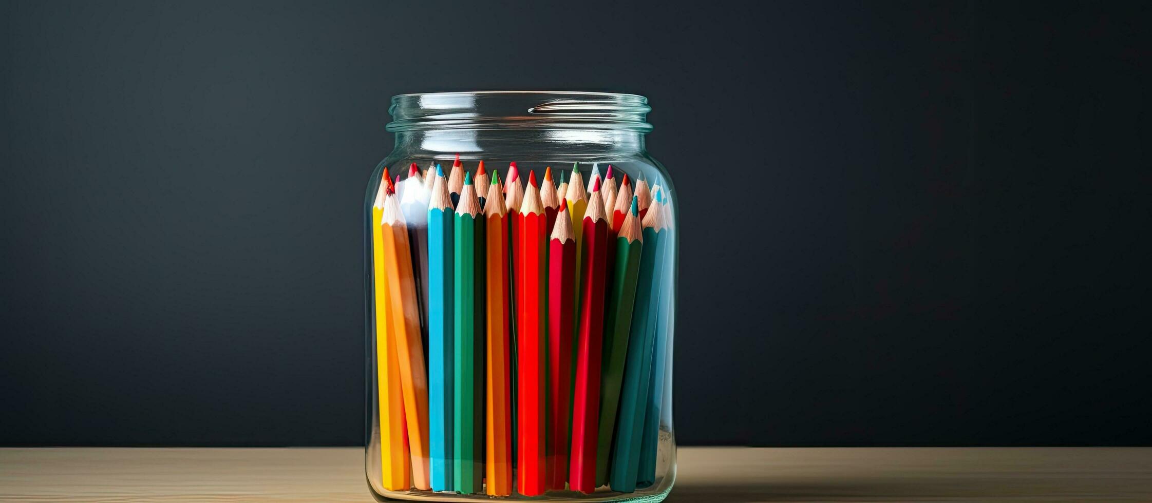 collection of vibrant pencils placed in a glass jar, offering ample space for text or graphics. photo