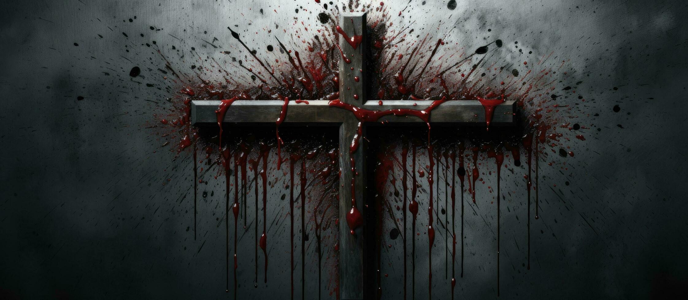 a Christian cross created using rusty nails, with drops of blood on a grey background. It is a photo