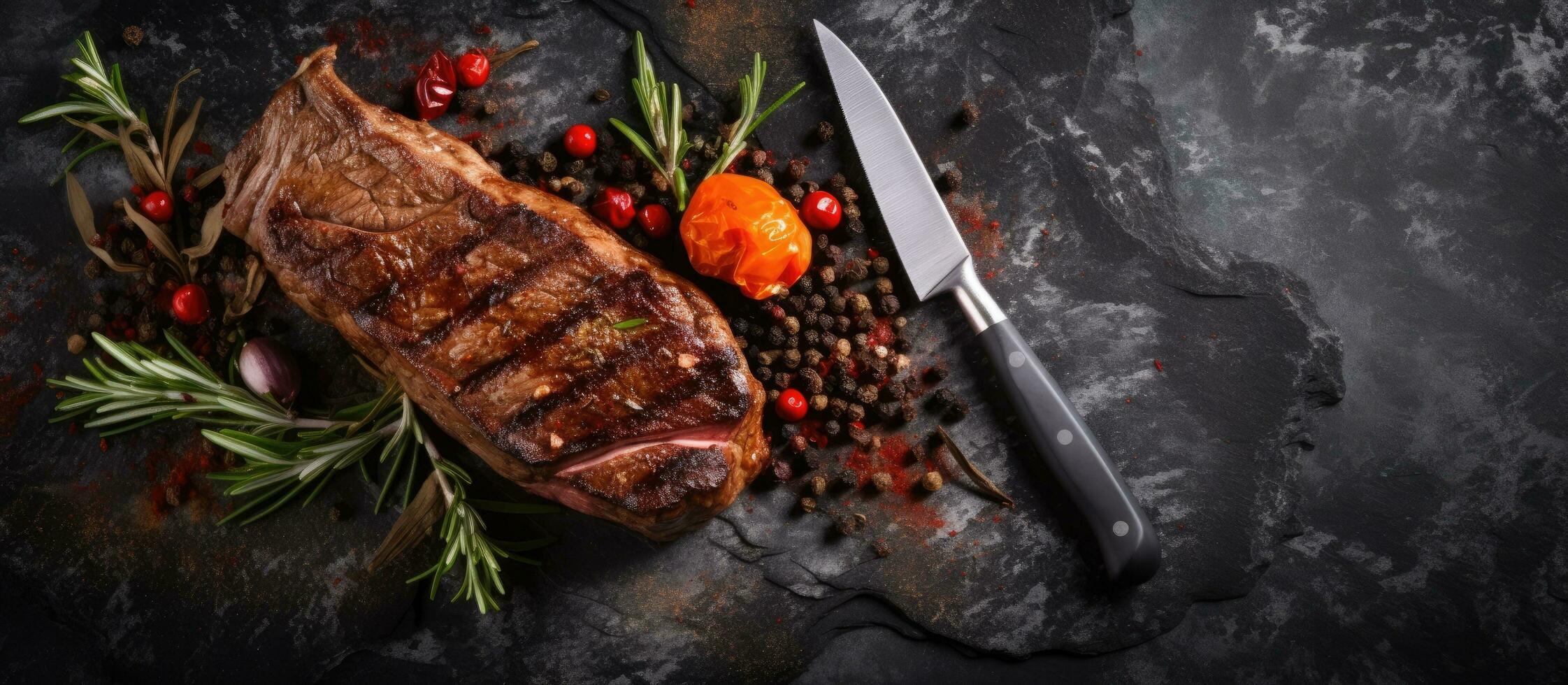 Grilled Cowboy steak, seasoned with spices, presented on a knife over a stone background with space photo