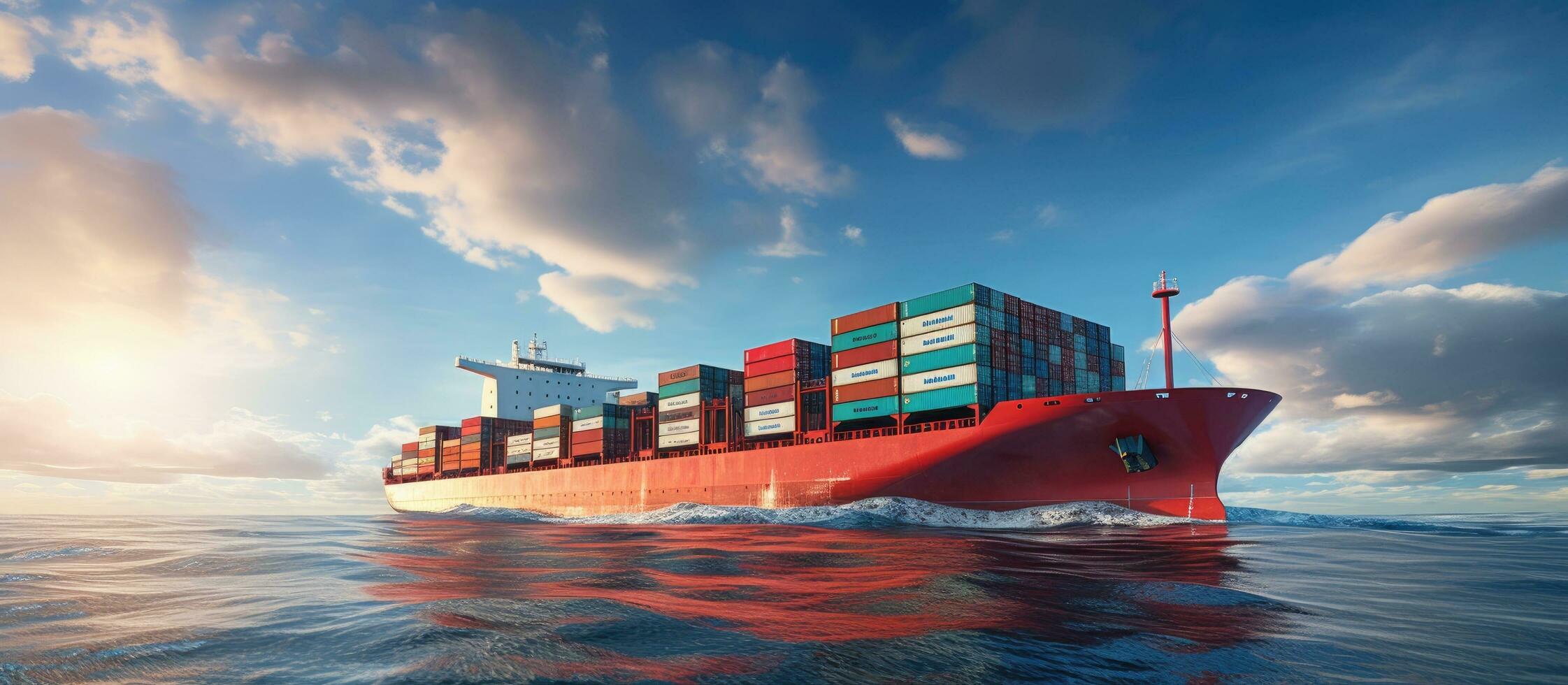 A large container cargo ship can be seen traveling across the ocean in a front view, with enough photo