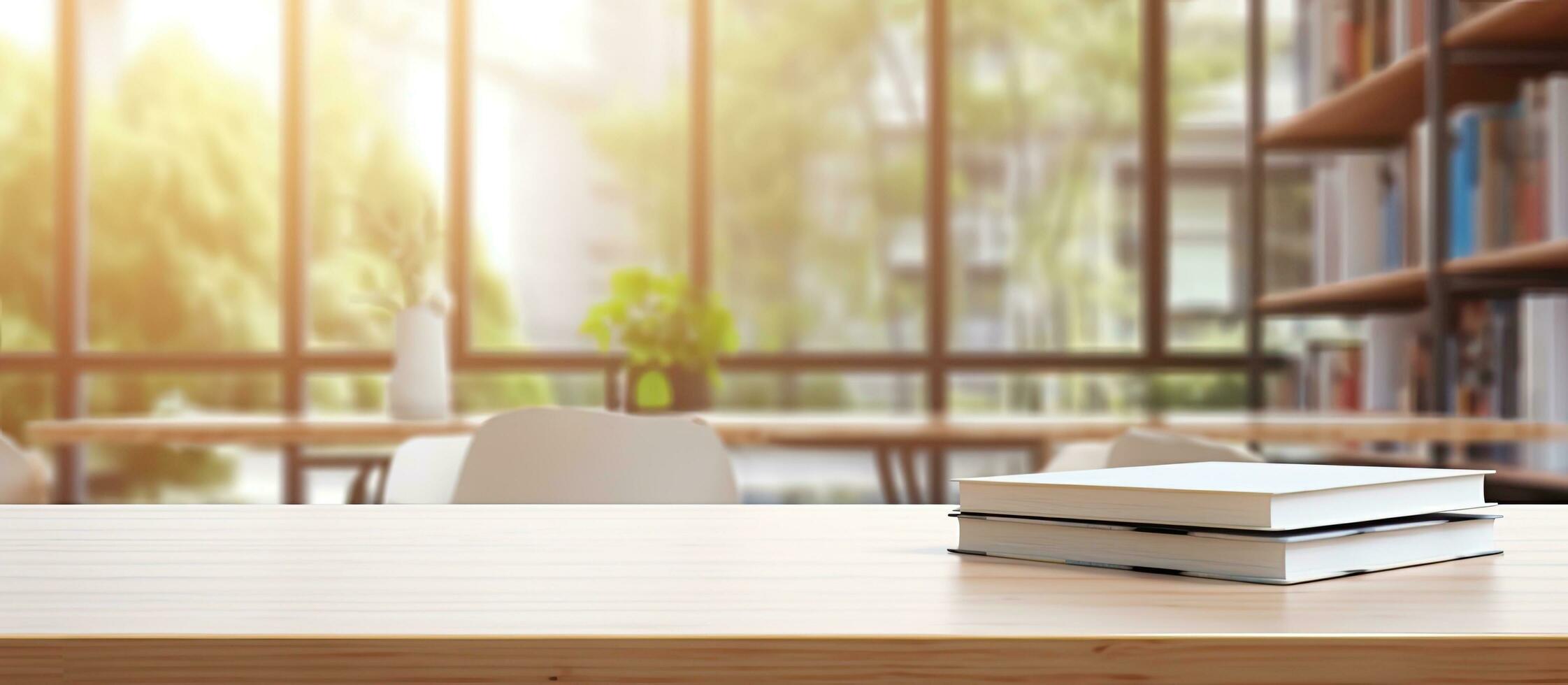 white table in a blurred study room, with books, stationery, and copy space photo