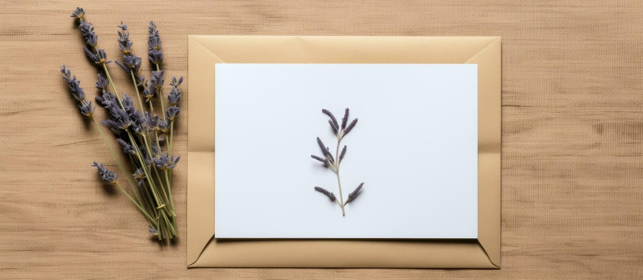 Top view of a greeting or invitation card mockup with an envelope, lavender, and dried eucalyptus photo
