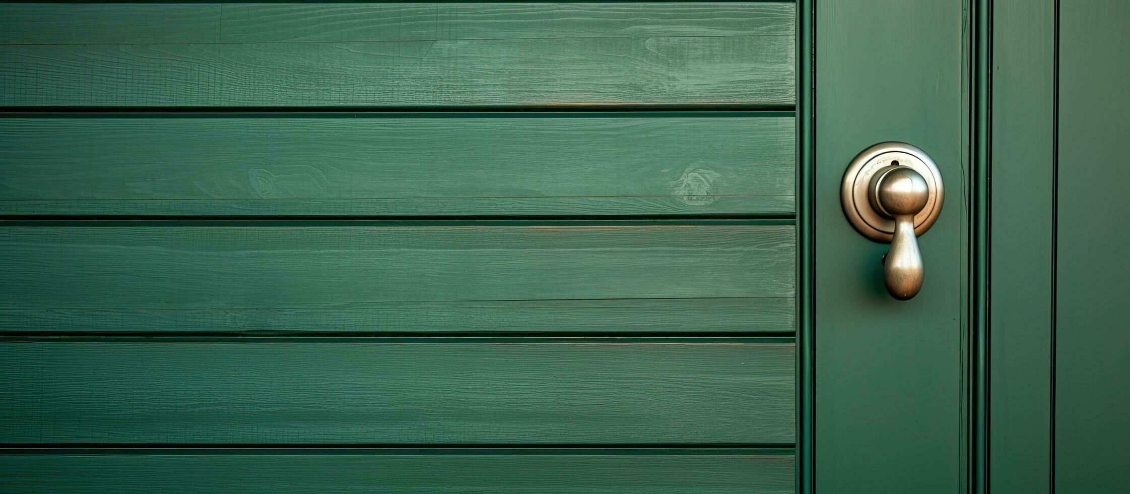 A vintage white front door with an iron knob is close up and set against a wooden plank wall. The photo