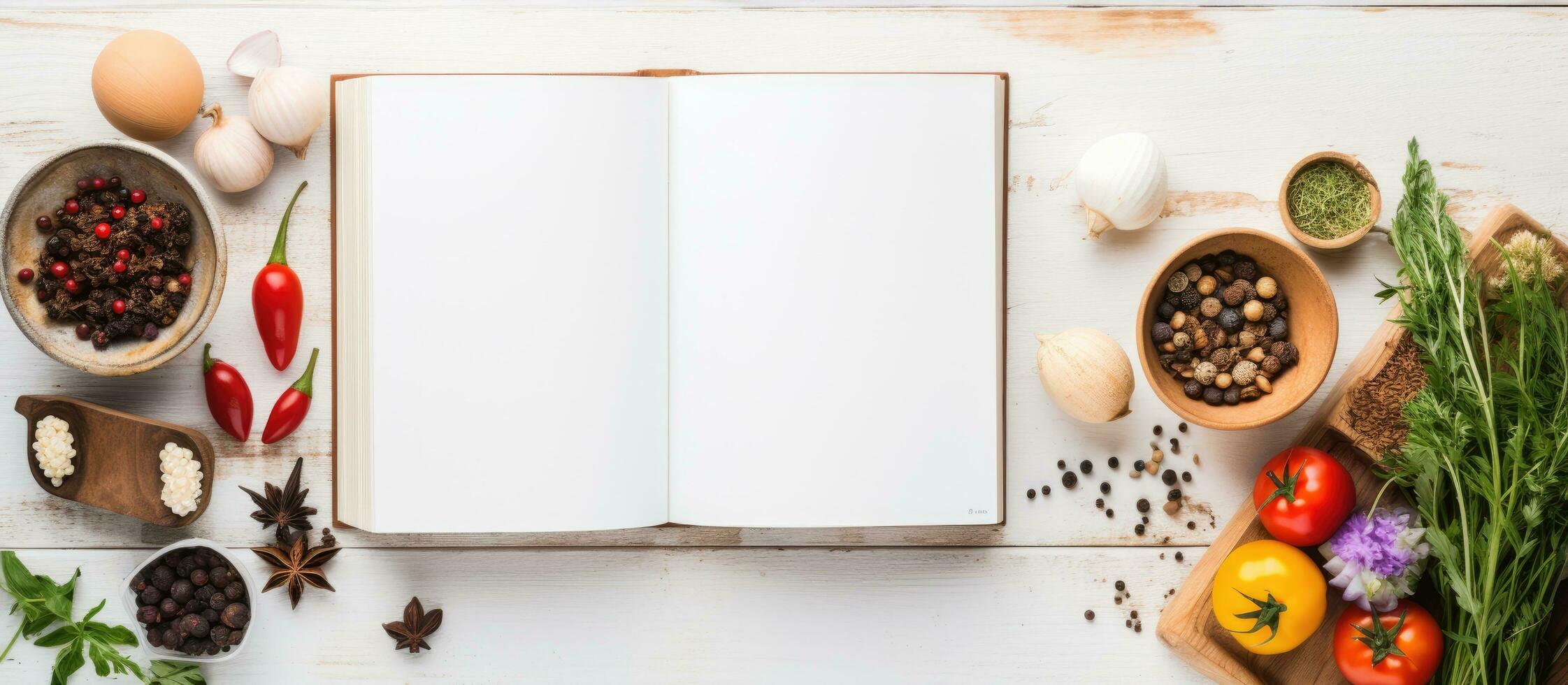 An open recipe book alongside various ingredients is placed on a white wooden table in a flat lay photo