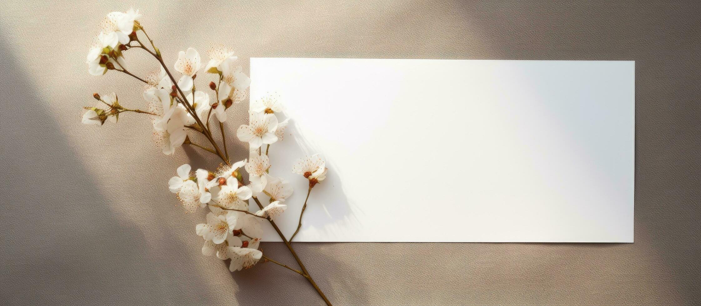 Top view of a minimalistic empty canvas paper or card with space for text and a flower twig, featuring photo