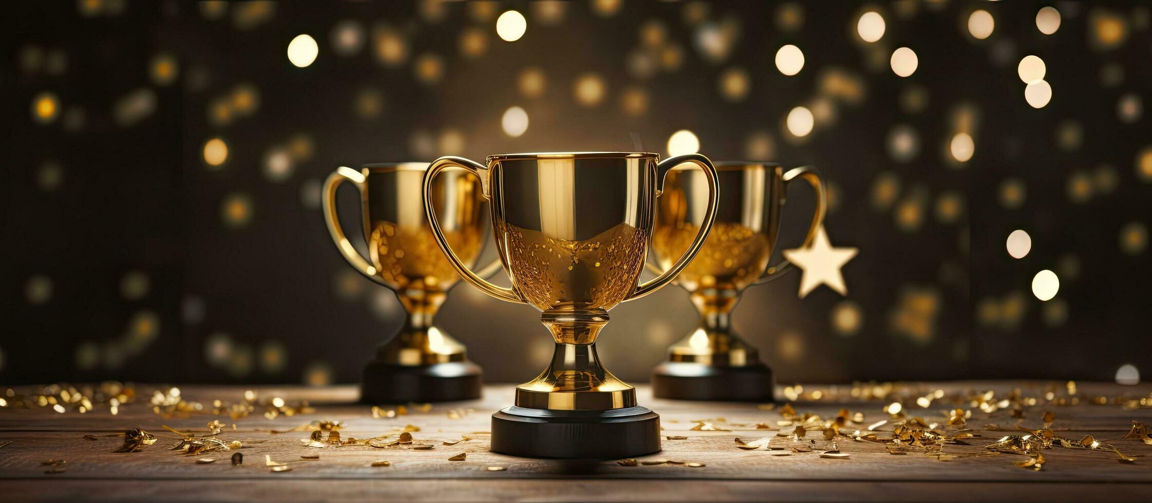 golden metal glasses on an old wooden table, with a golden trophy on a dark background. It is suitable photo