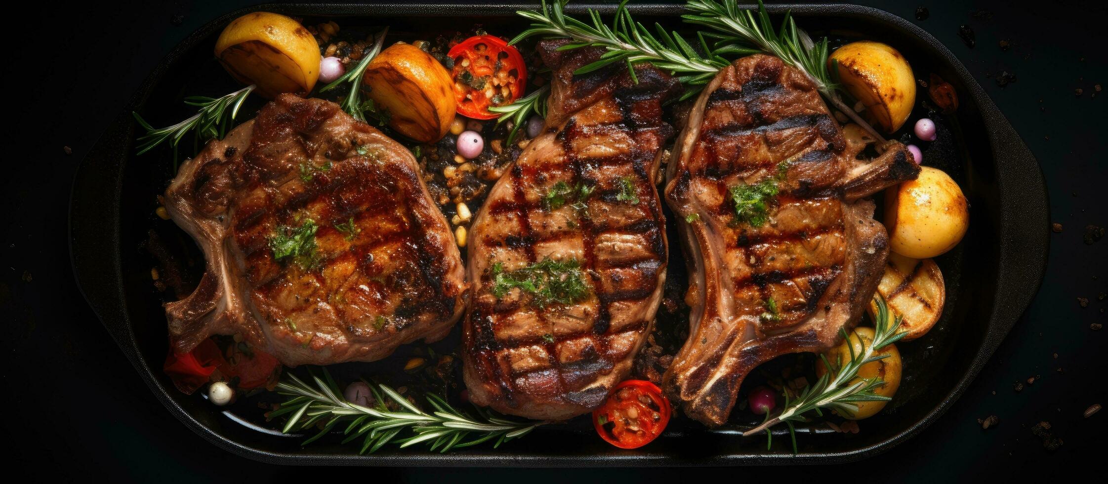 Barbecue grilled lamb and mutton chop steaks cooked in a pan with a black background. taken from photo