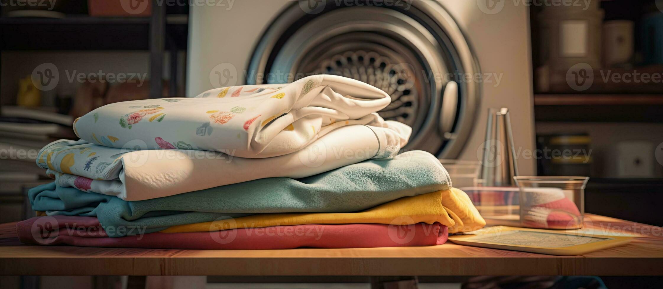 A pile of freshly laundered bedding sheets is seen in the background of