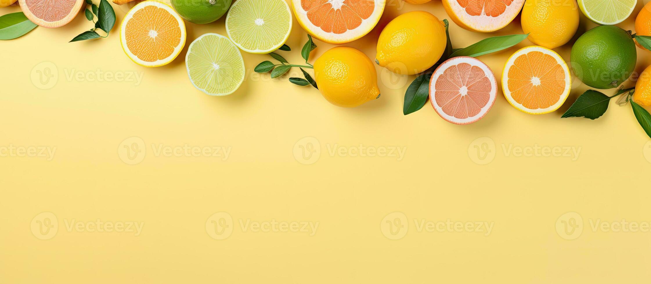 The background is made up of summer tropical fruits with leaves such as grapefruit, orange, tangerine, photo