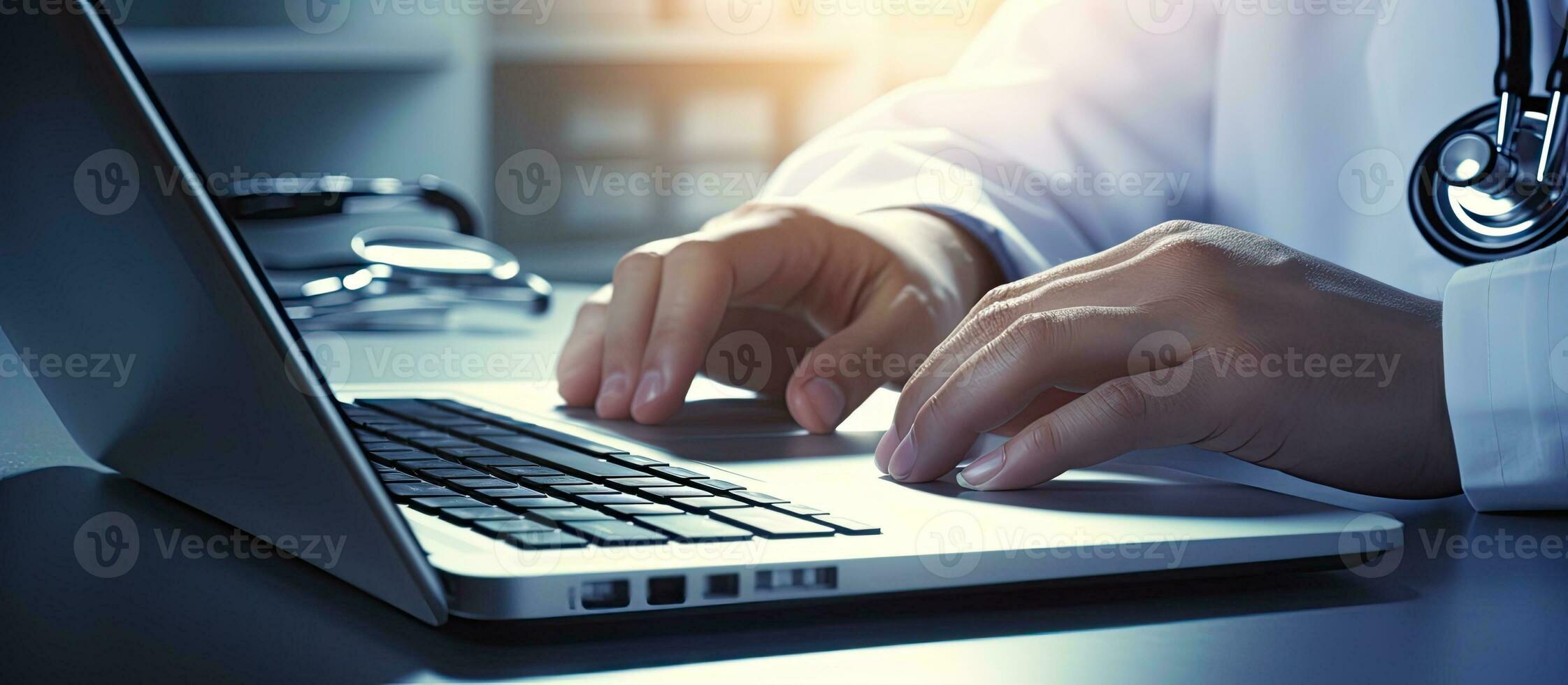Using a laptop keyboard to repair or maintain a computer, a doctor is seen using a stethoscope, photo