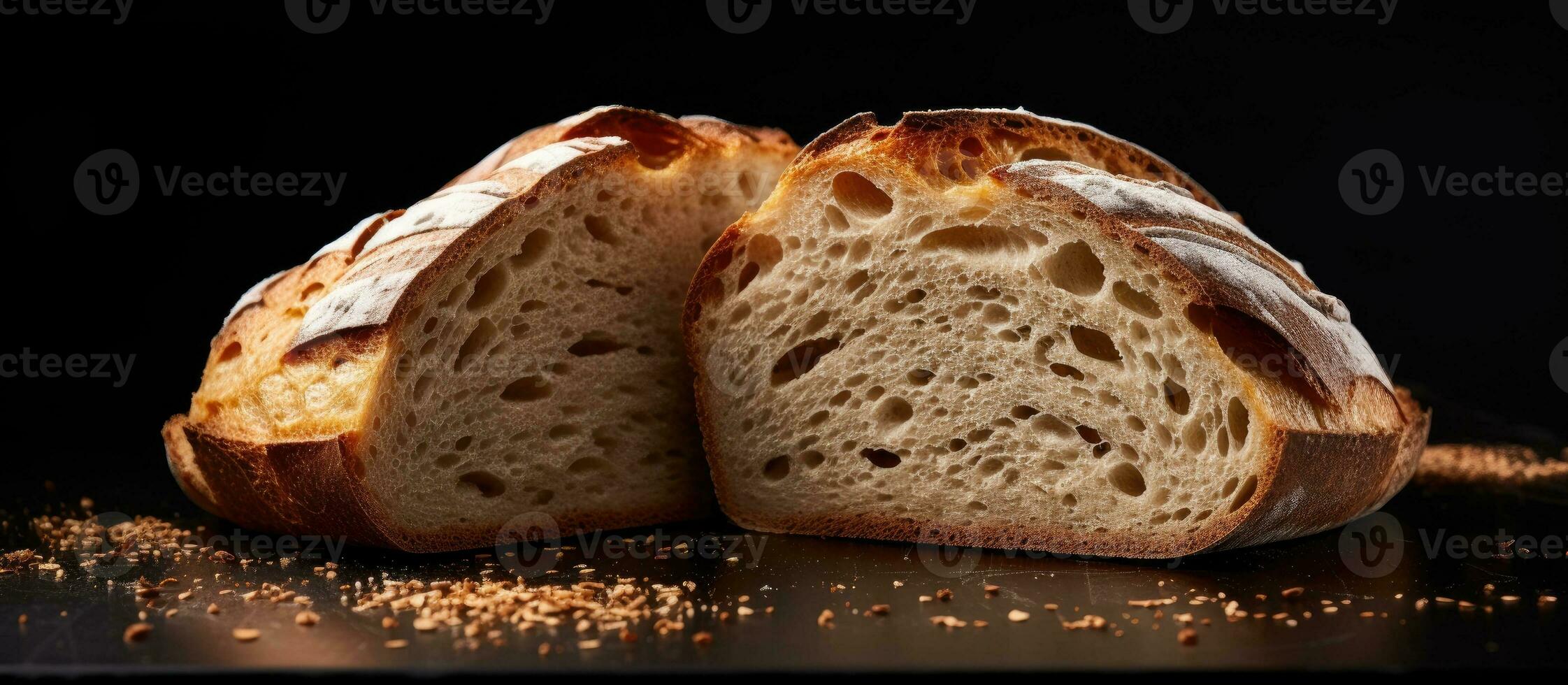Freshly baked artisan sourdough bread, sliced and placed on a black background with copy space photo