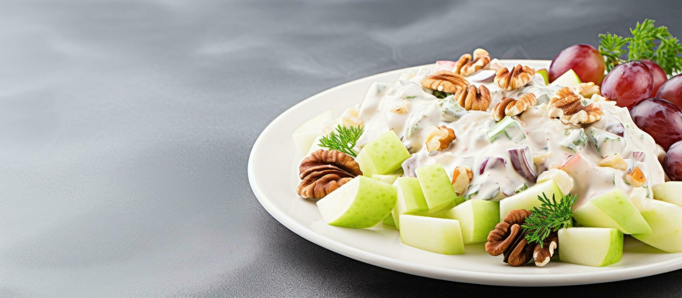 Top view of a craft plate with a ready-to-eat Waldorf salad on a gray background. The American photo