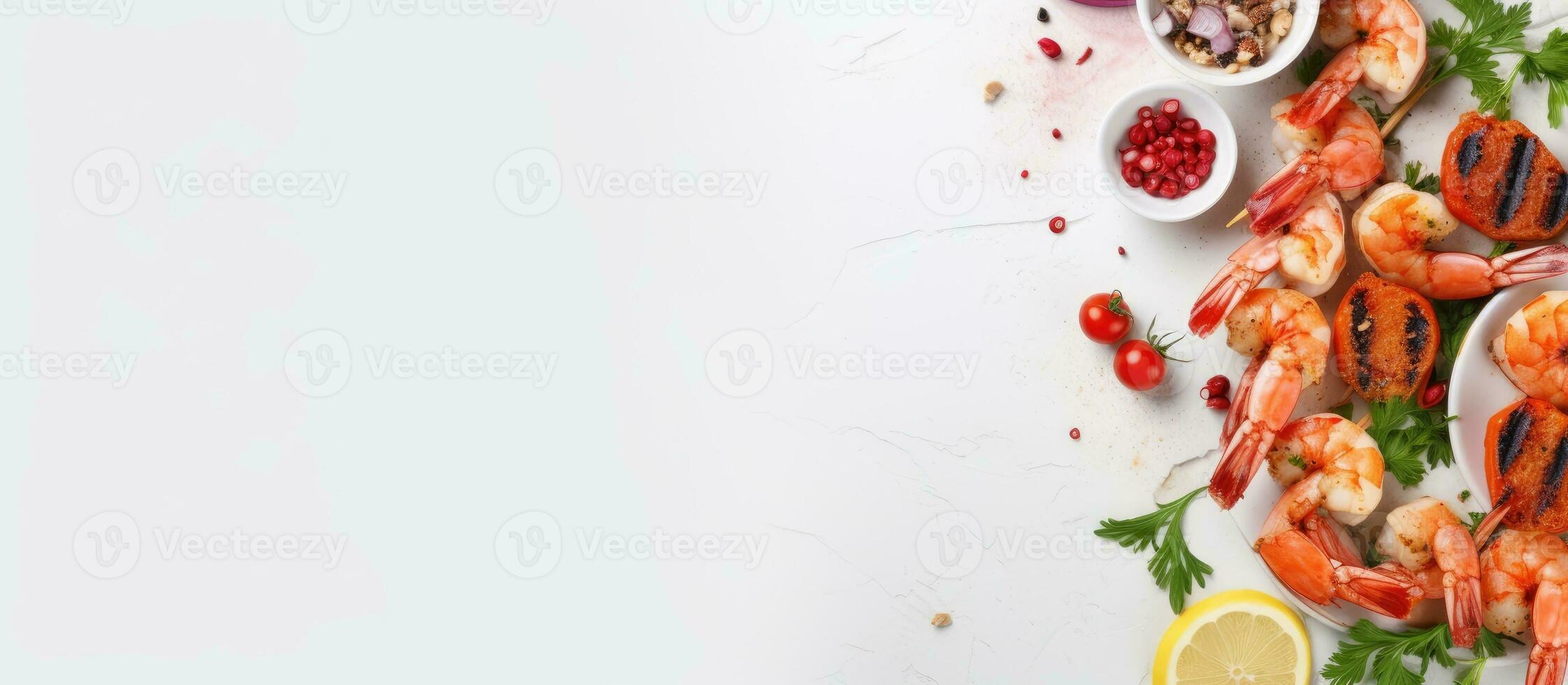 The appetizer in a Mediterranean kitchen is shrimp skewers, displayed on a white tabletop with photo