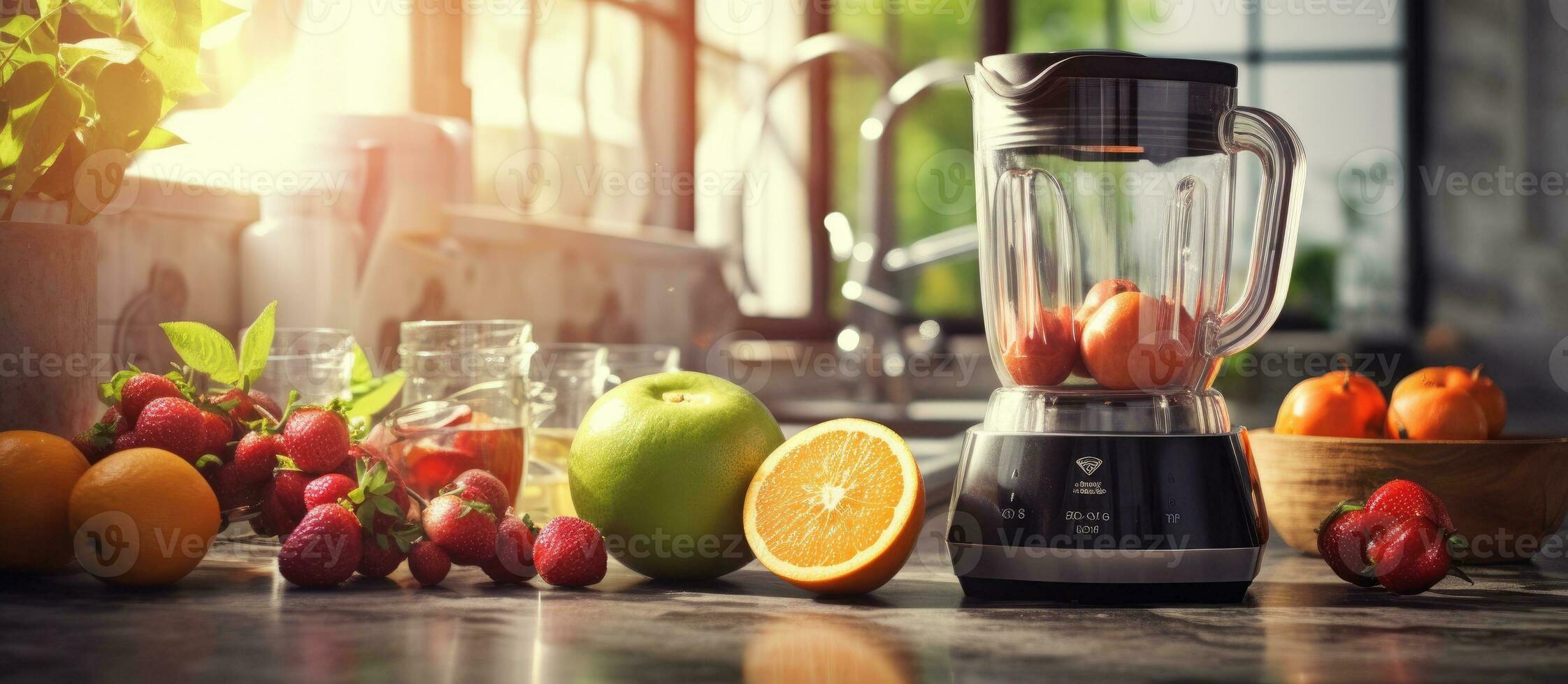 Background Image Of Chrome Blender On Kitchen Counter With Fruits, Copy Space ultrarealistic photo. photo