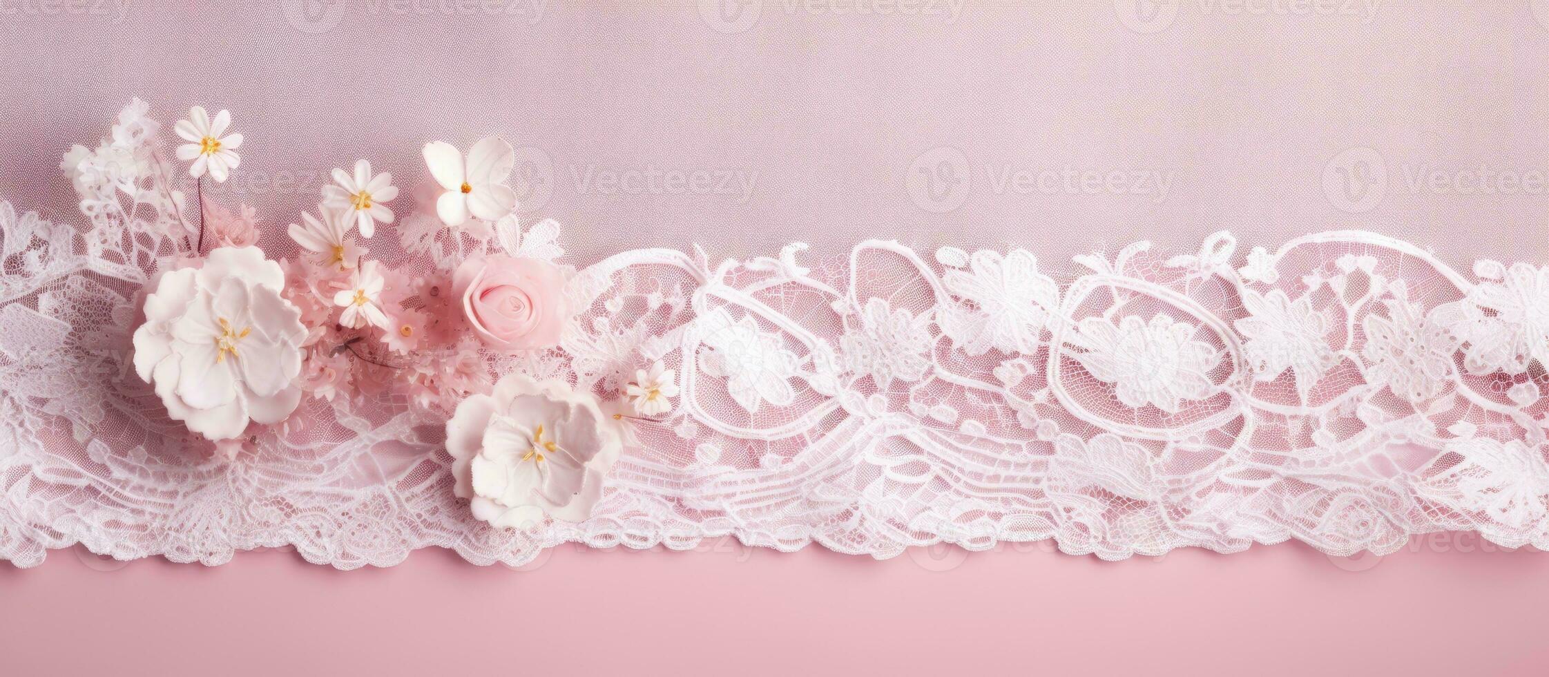 A close-up photograph of a beautiful white lace cloth on a pink background. detailed floral pattern photo