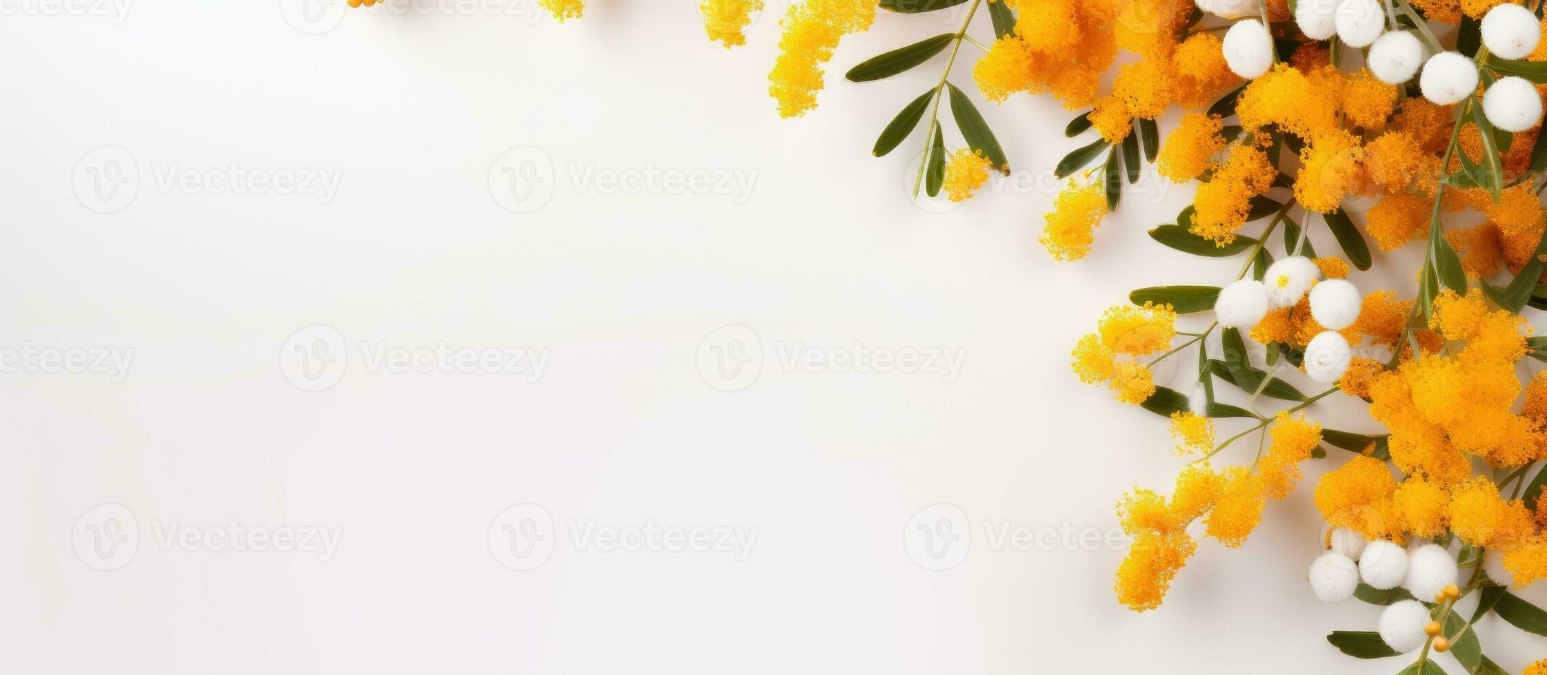 Orange and white spring backdrop with copy space featuring mimosa branches on white and yellow photo