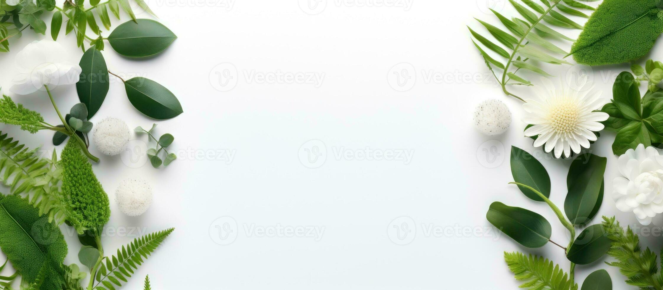 A floral arrangement with empty space in the middle. The green leaves of eucalyptus, fern, and photo