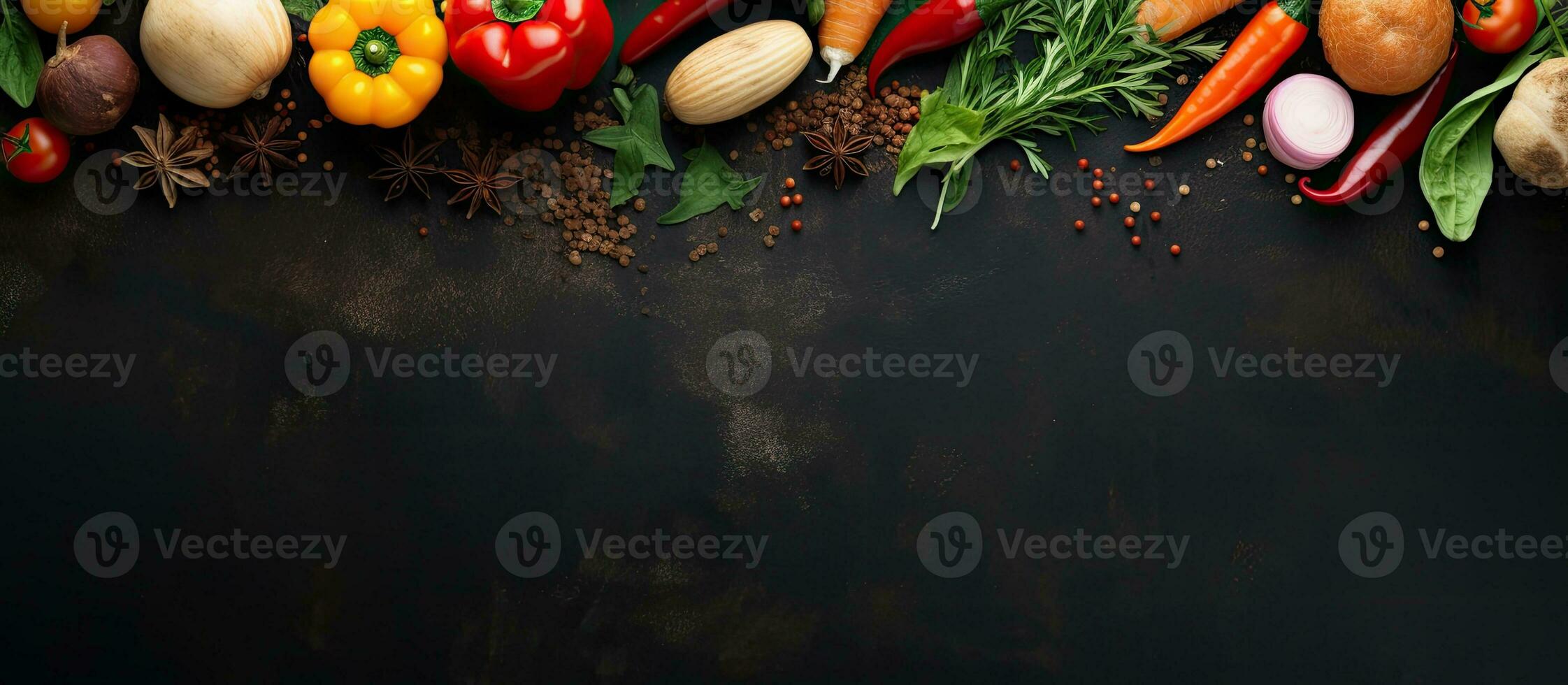 Top view of vibrant spices and fresh vegetables on a dark metal background, offering space for photo