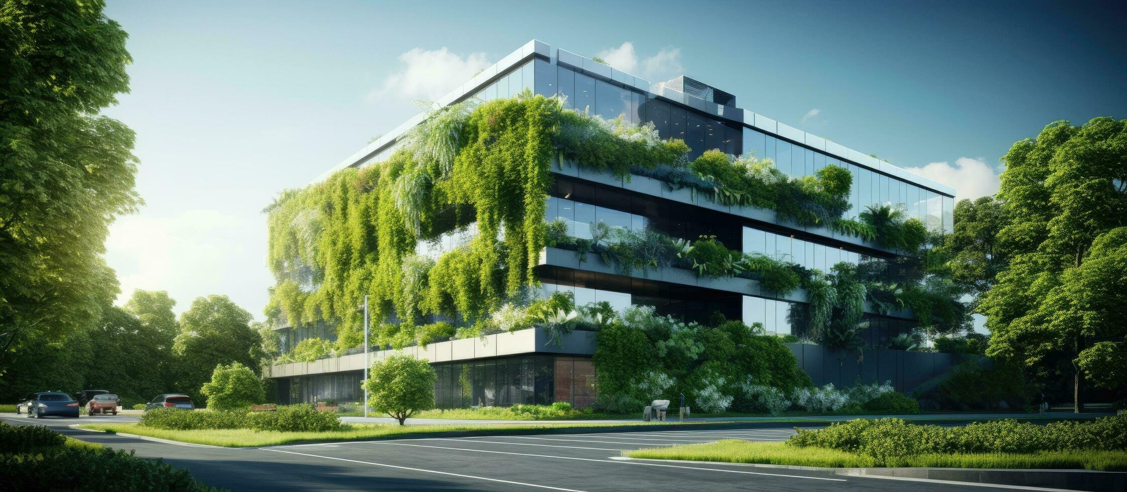 Modern office building with lush greenery photo