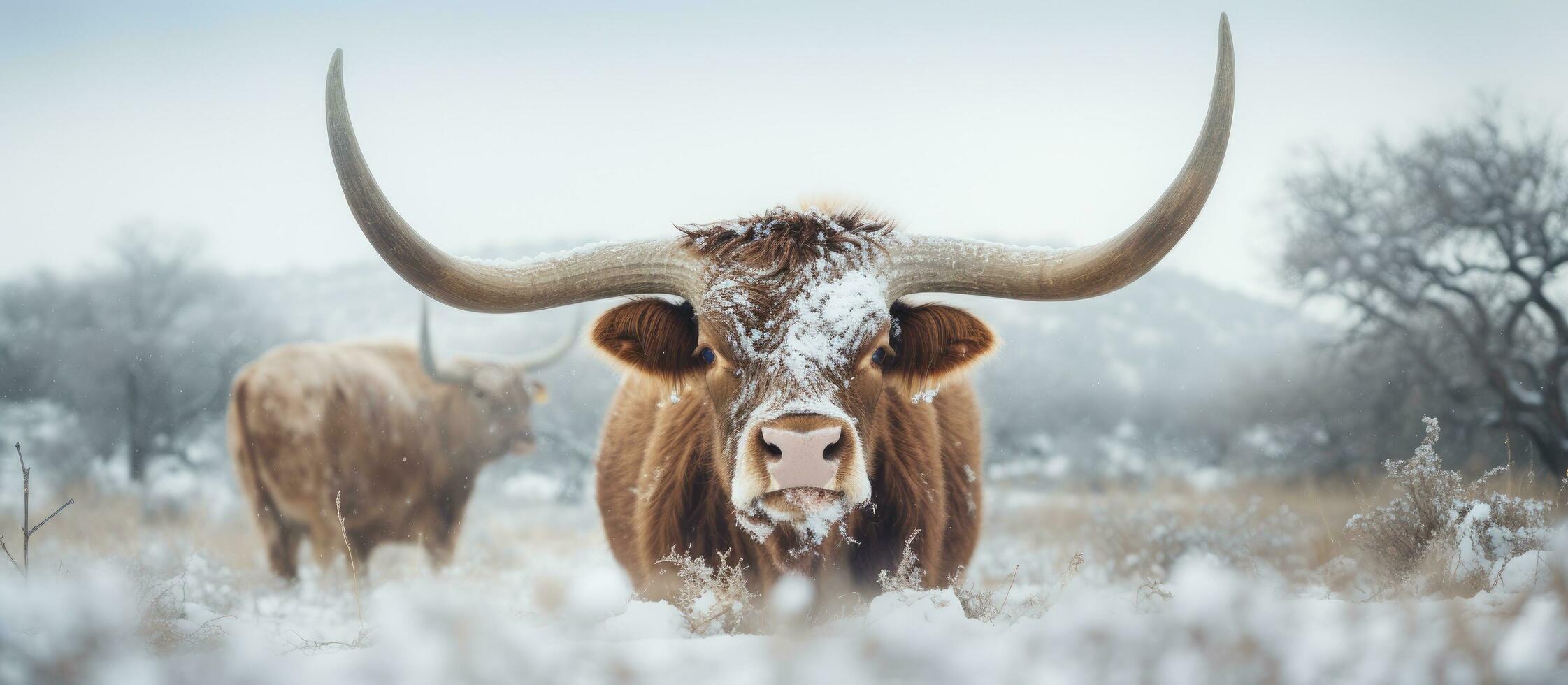 A Texas Longhorn cow with big horns is seen in the winter with blurred snow in the foreground and photo
